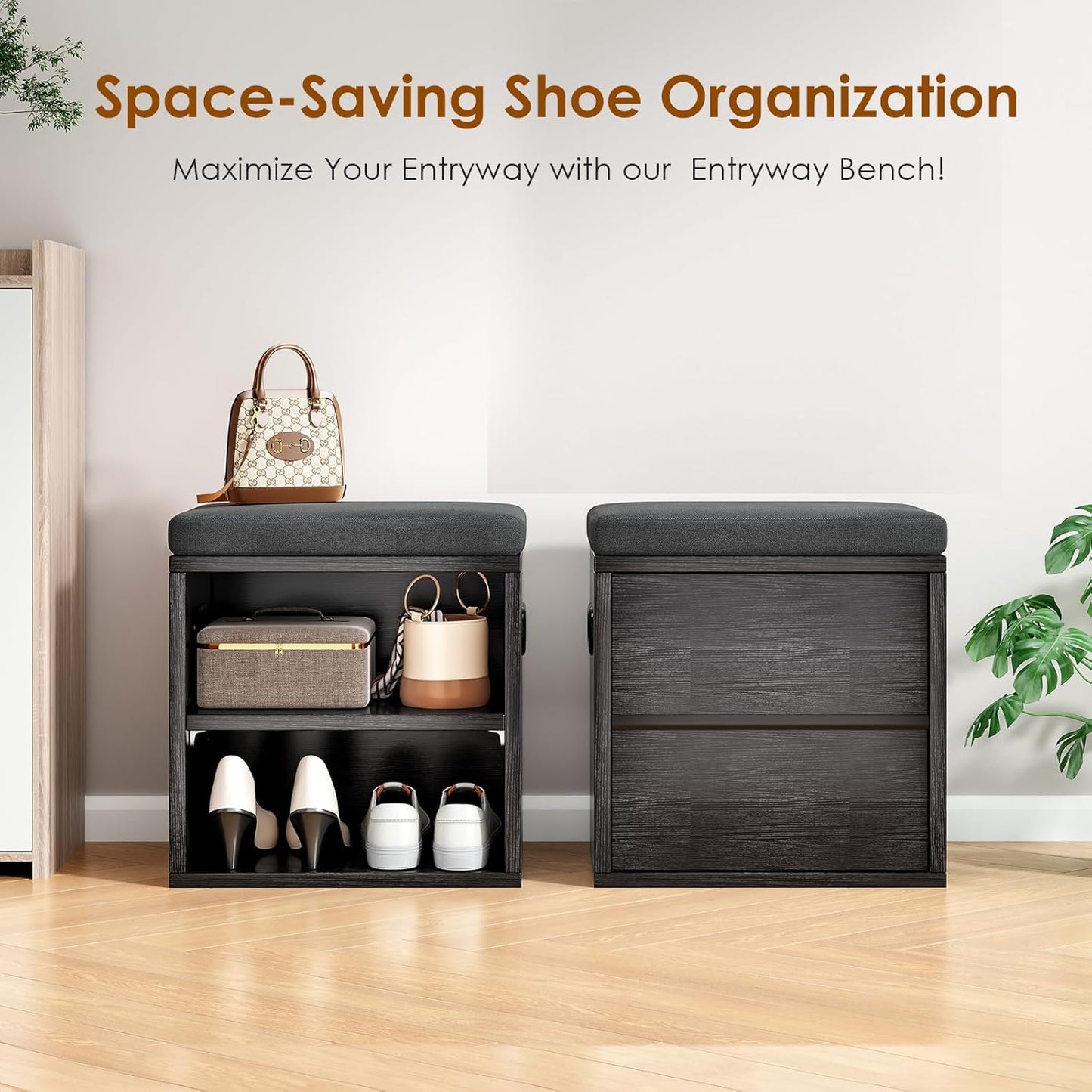 Farini Small Shoe Bench for Entryway With Cushion, Storage and Seating - White Rack With Bench Seat