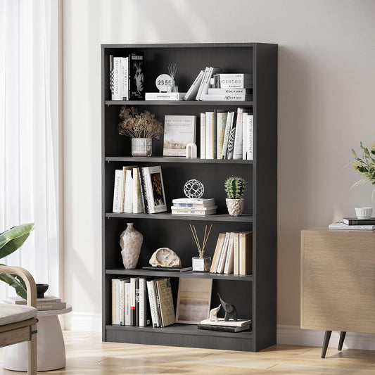 Farini Bookshelf With Adjustable Shelves, 5 Shelf Bookcase for Living Room, Bedroom - Large Tall Wood Book Case, 60 in Tall, 33 in Wide, 11.6 in Deep, Gray