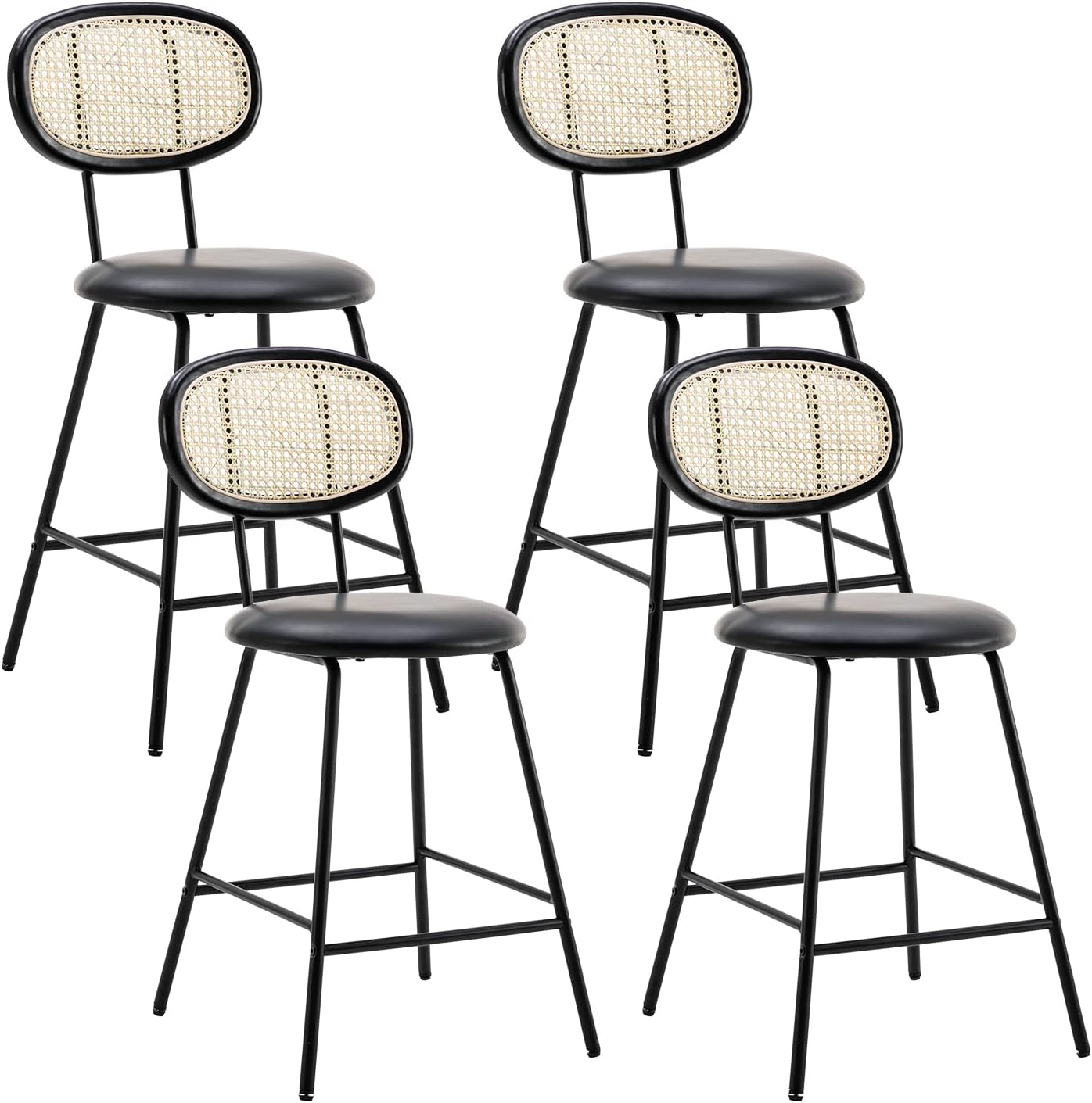 Farini Counter Stools Set of 4, Bar Stools, Indoor Metal Counter Height Barstools for Home, Faux Leather Counter Stool with Rattan Backrest