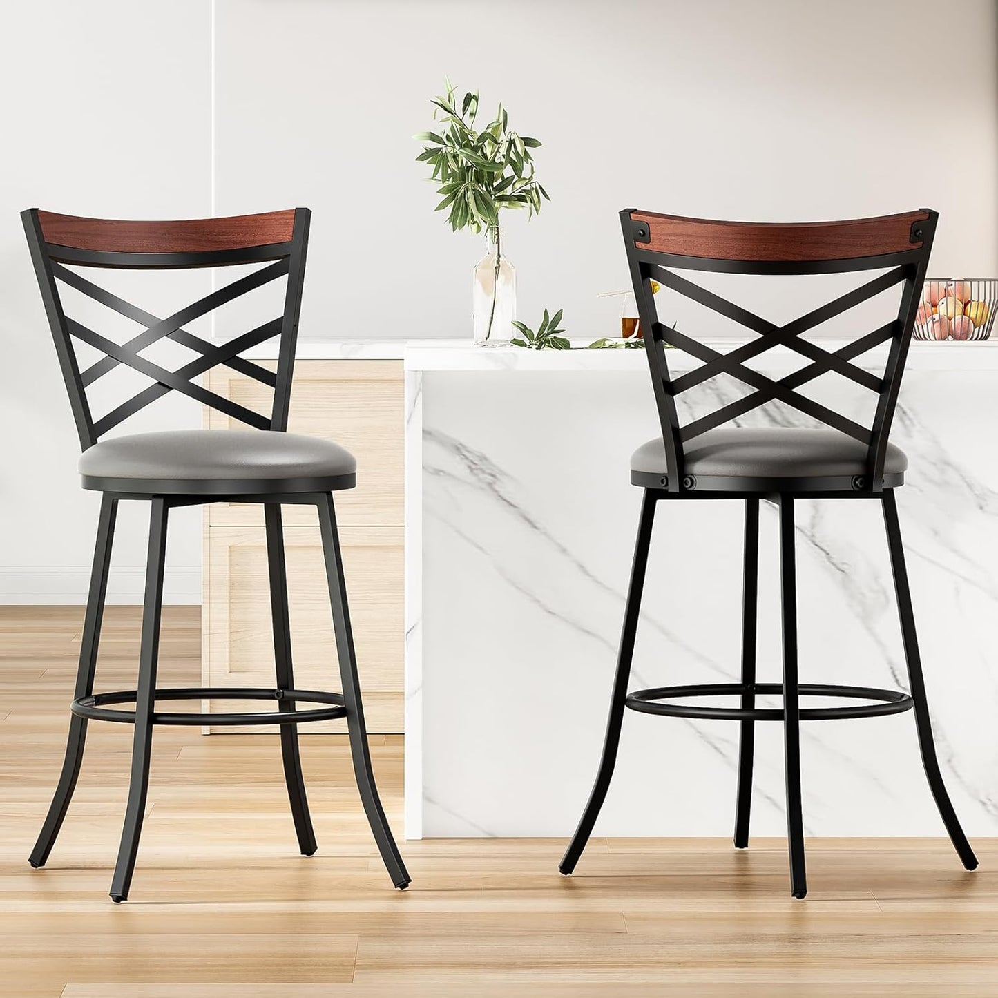 Farini Swivel Bar Stools Set of 2,Mid Century Modern Counter Height Bar Stools,Counter Stools for Kitchen Counter Height Chairs with Back Faux Leather Barstools for Kitchen Island Bar Stools,350lb