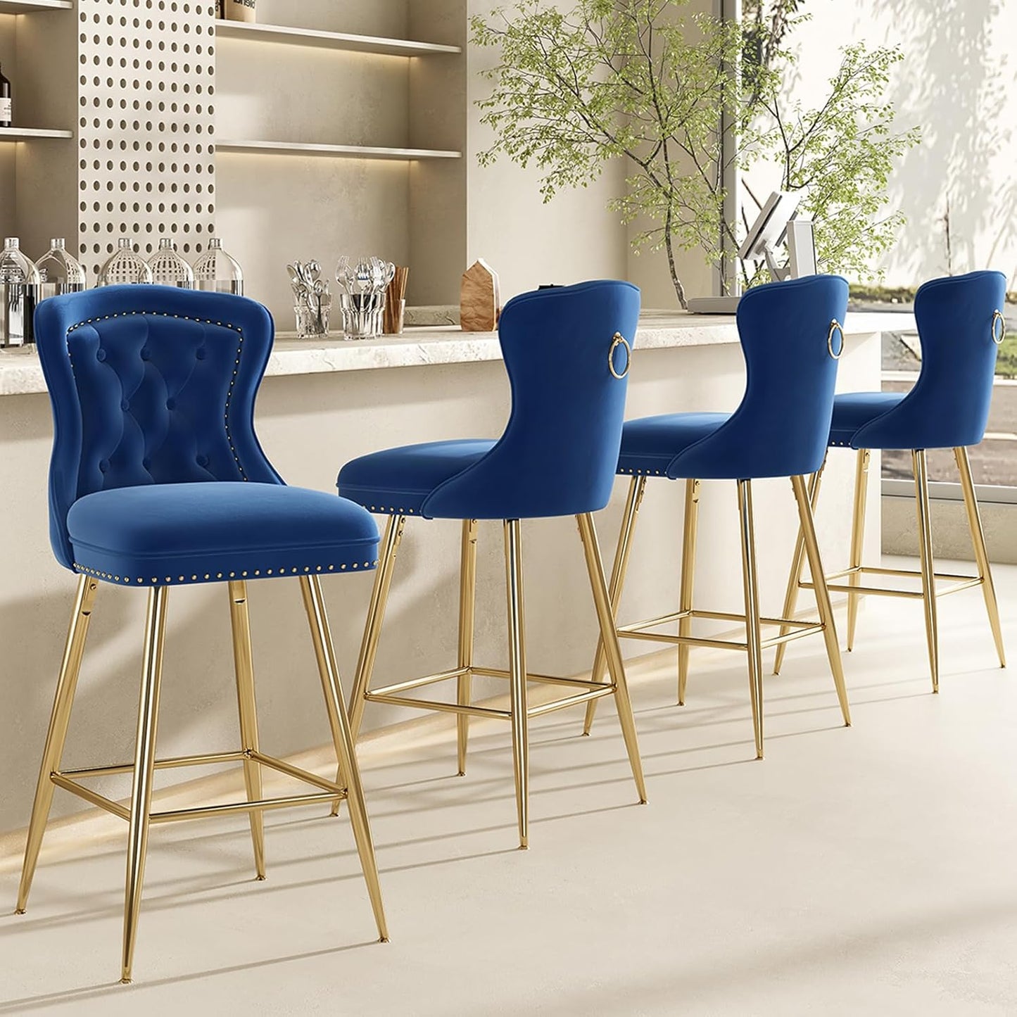 Farini Bar Stools Set of 4, Velvet Counter Height Bar Stools with Metal Legs, Button Tufted and Nailheads Trim, Wing-Back Bar Chairs for Kitchen Island Dining Room Pub