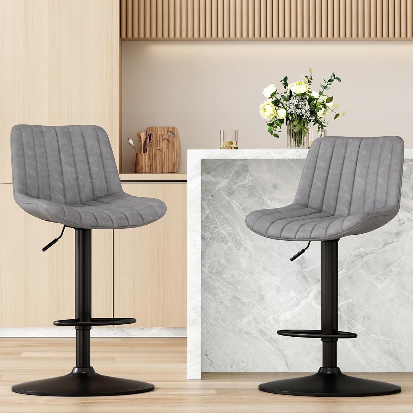 Farini Bar Stools Set of 2, Swivel Adjustable Barstools, Bar Height Stools with Back Support, PU Leather Counter Height Bar Chairs for Kitchen Island Rustic Barstool