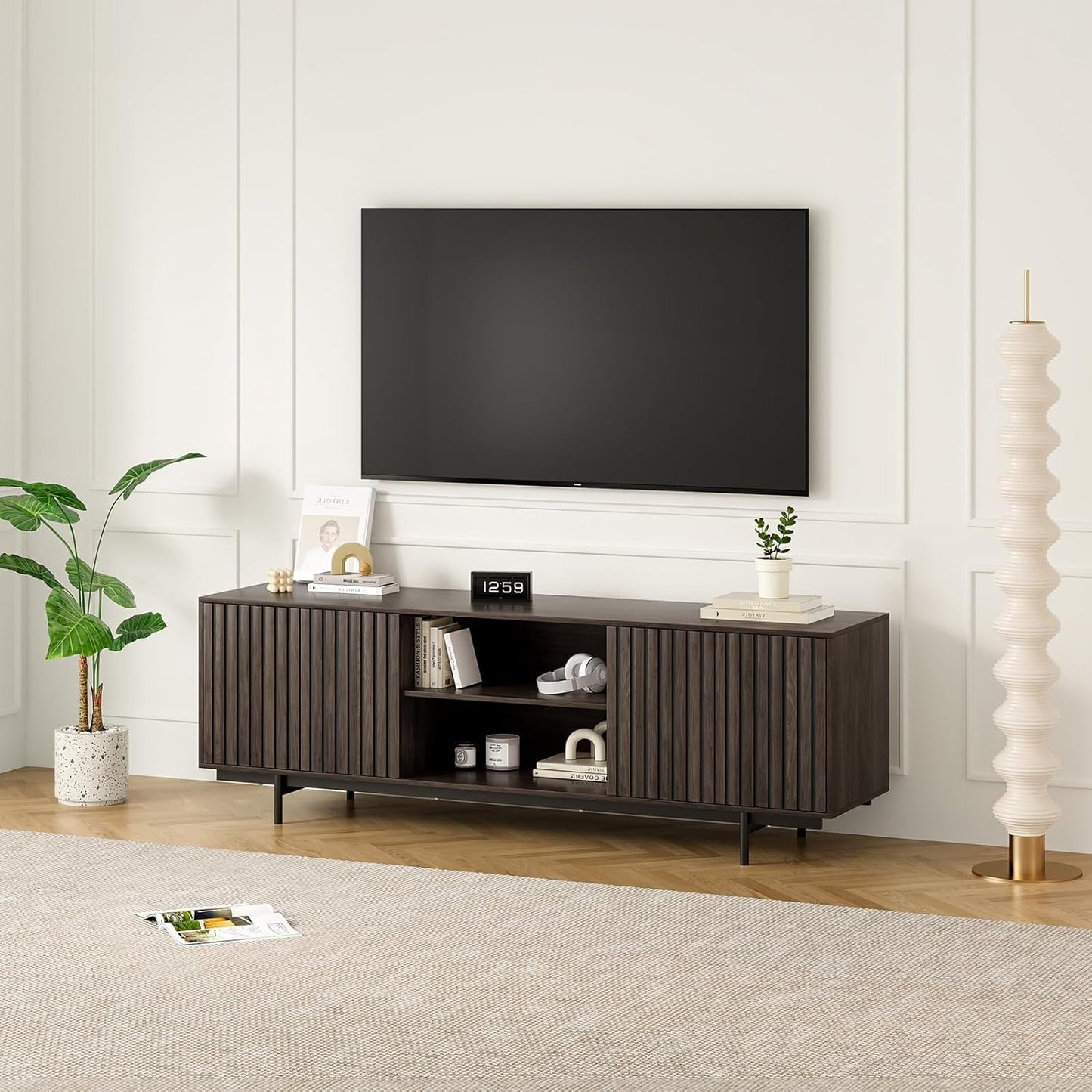 Farini Mid Century Modern TV Stand for TVs Up to 75", Farmhouse Fluted TV Stand, Retro Wood TV Stand with Storage and Shelf, Entertainment Center with Pop-Up Doors for Living Room, Bedroom, Walnut