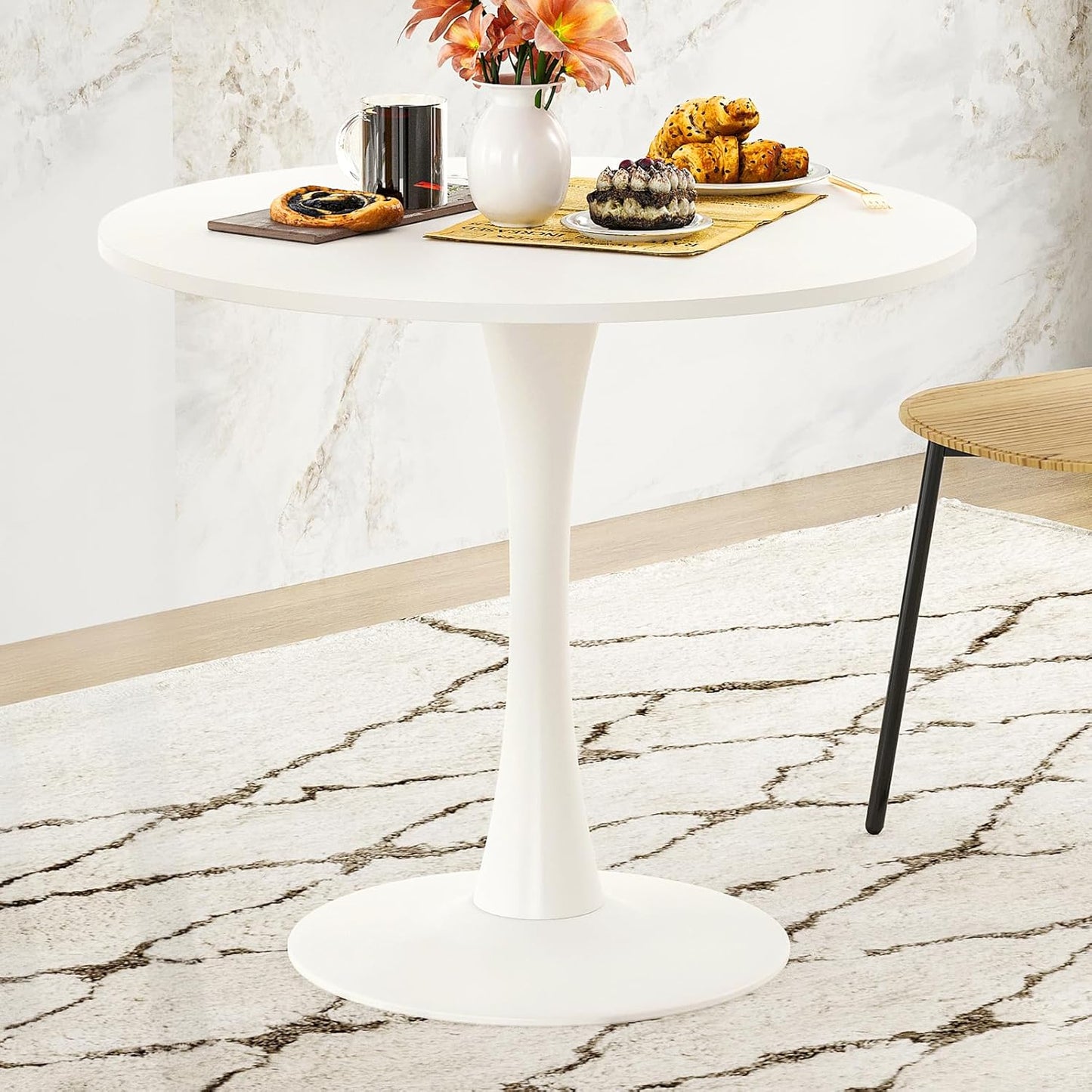Farini 31.5" Small Round Dining Table Seats Up to 2-4 People,Wood Tabletop Tulip Dining Table with Metal Pedestal Base