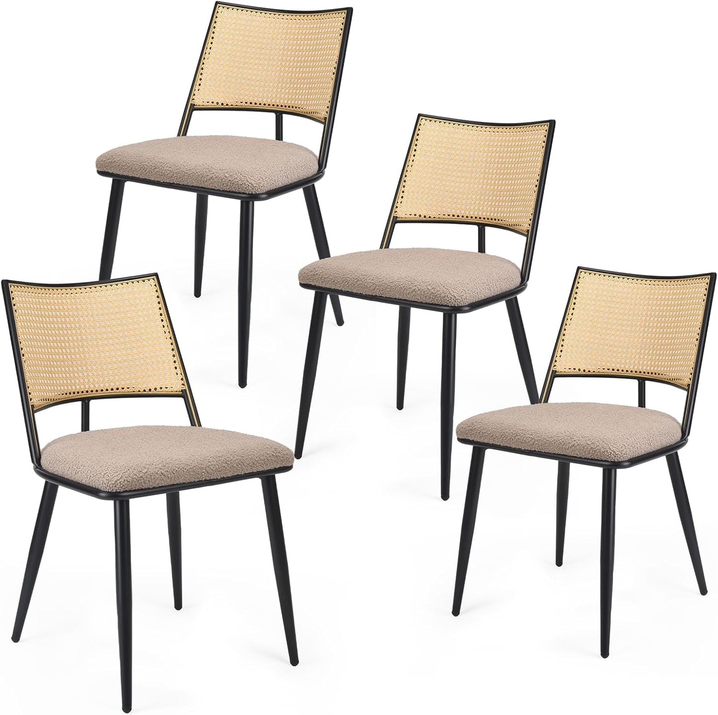 Farini Dining Chairs Set of 2 or 4, Mid-Century Modern Kitchen Chairs with Rattan Backrest & Metal Frame, Boucle Upholstered Accent Chairs for Dining Room, Kitchen, Living Room