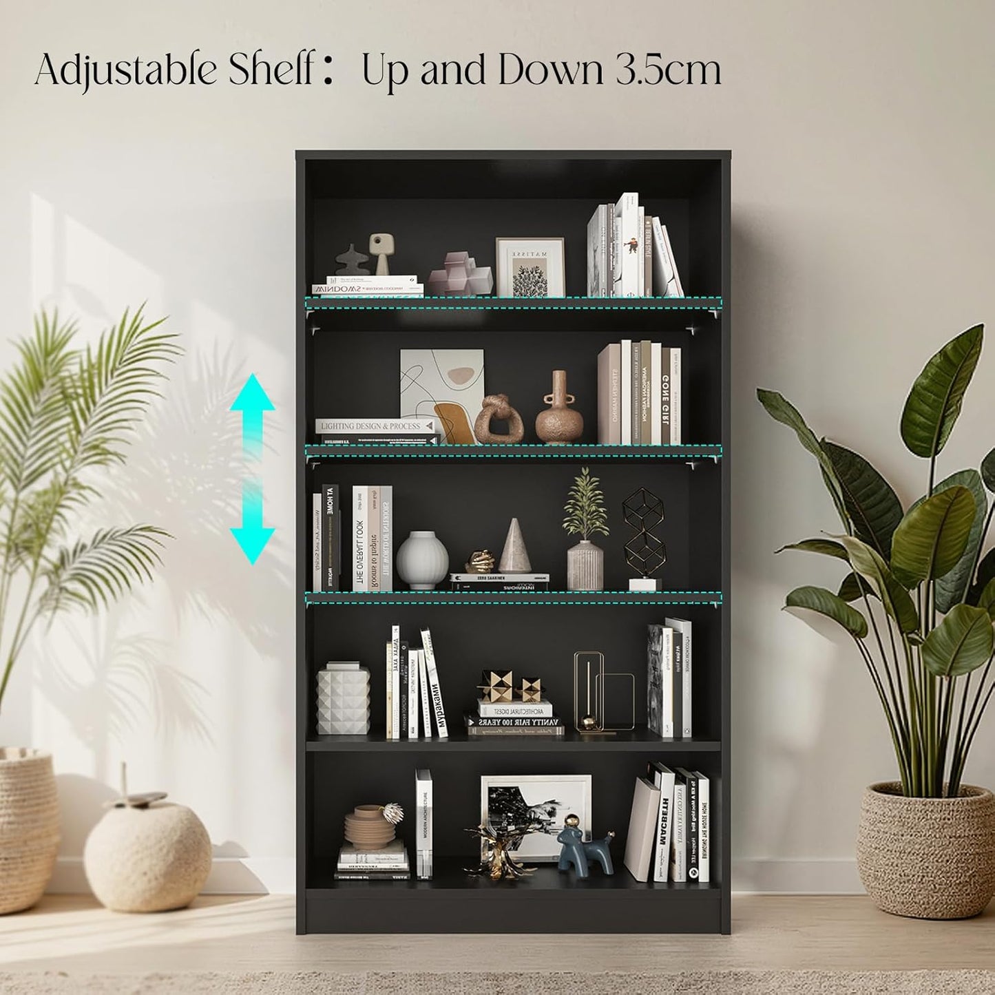 Farini 5 Tiers Bookcase, Wooden Bookcase with Adjustable Shelves for Home, Office