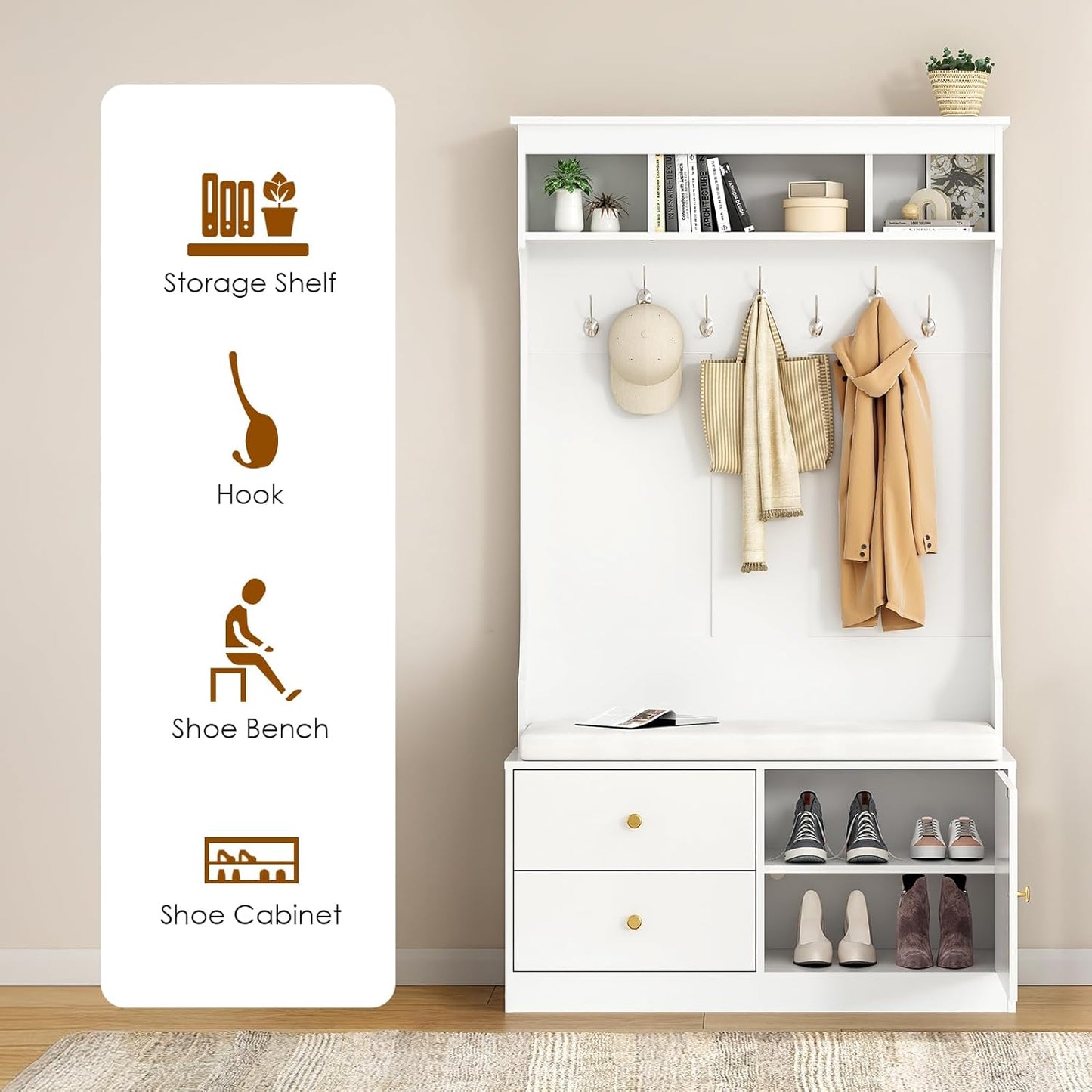 Farini Hall Tree with Bench and Shoe Storage, Mud Room Bench with Storage and Seating, Hall Tree with Shoe Storage with 7 Hooks, 6-in-1 Farmhouse Hall Tree with Bench for Entryway, 70.9", White