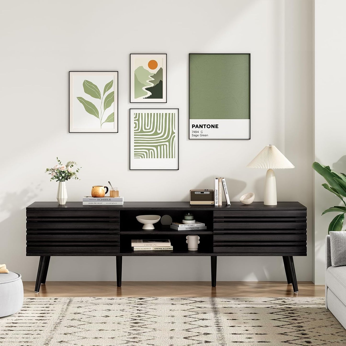Farini Mid Century Modern TV Stands for up to 70" TV with Storage, Fluted Wood TV Stand for Living Room, Boho Media Console, Entertainment Center with Cable Management