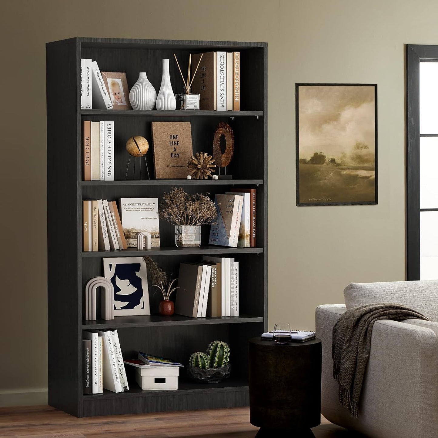 Farini Bookshelf With Adjustable Shelves, 5 Shelf Bookcase for Living Room, Bedroom - Large Tall Wood Book Case, 60 in Tall, 33 in Wide, 11.6 in Deep, Gray
