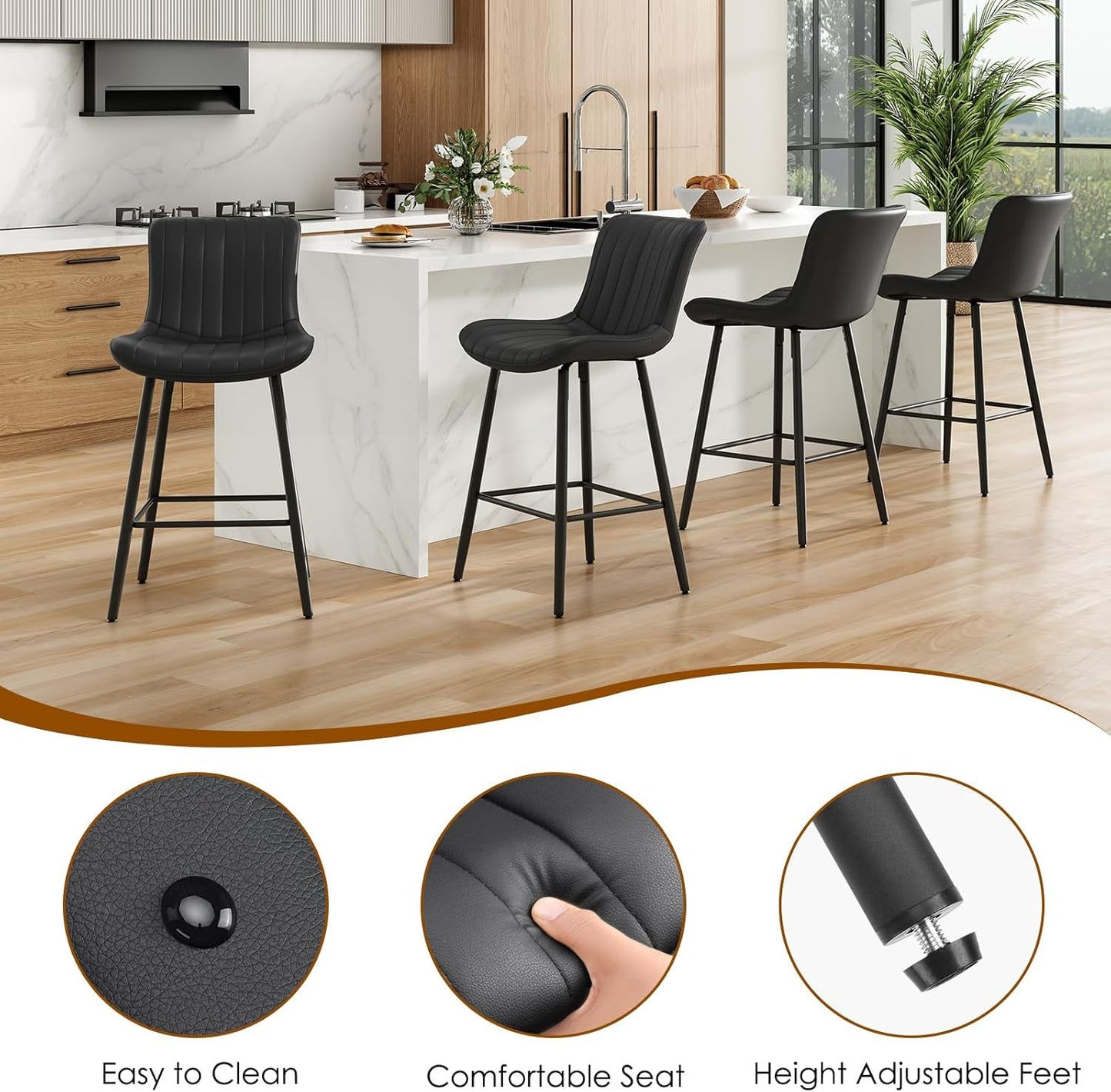 Farini 26 Inch Counter Stools Set of 2, Faux Leather Barstool Modern Counter Chair, Counter Height Bar Stools, Counter Height Stools Barstools for Dining Room Kitchen Islands