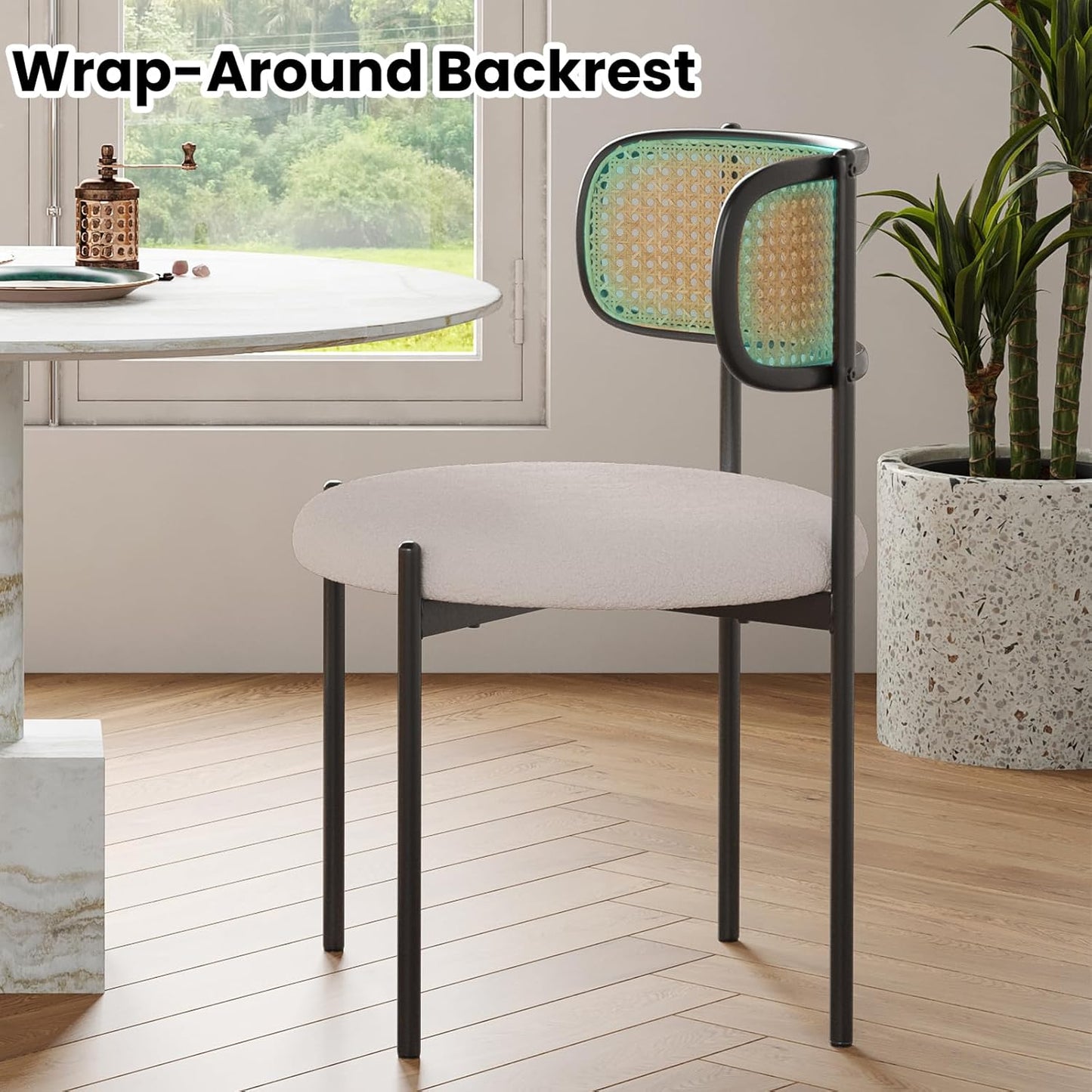 Farini Modern Upholstered Dining Chairs, Set of 4, Rattan Back Kitchen Chairs with Metal Legs, Beige
