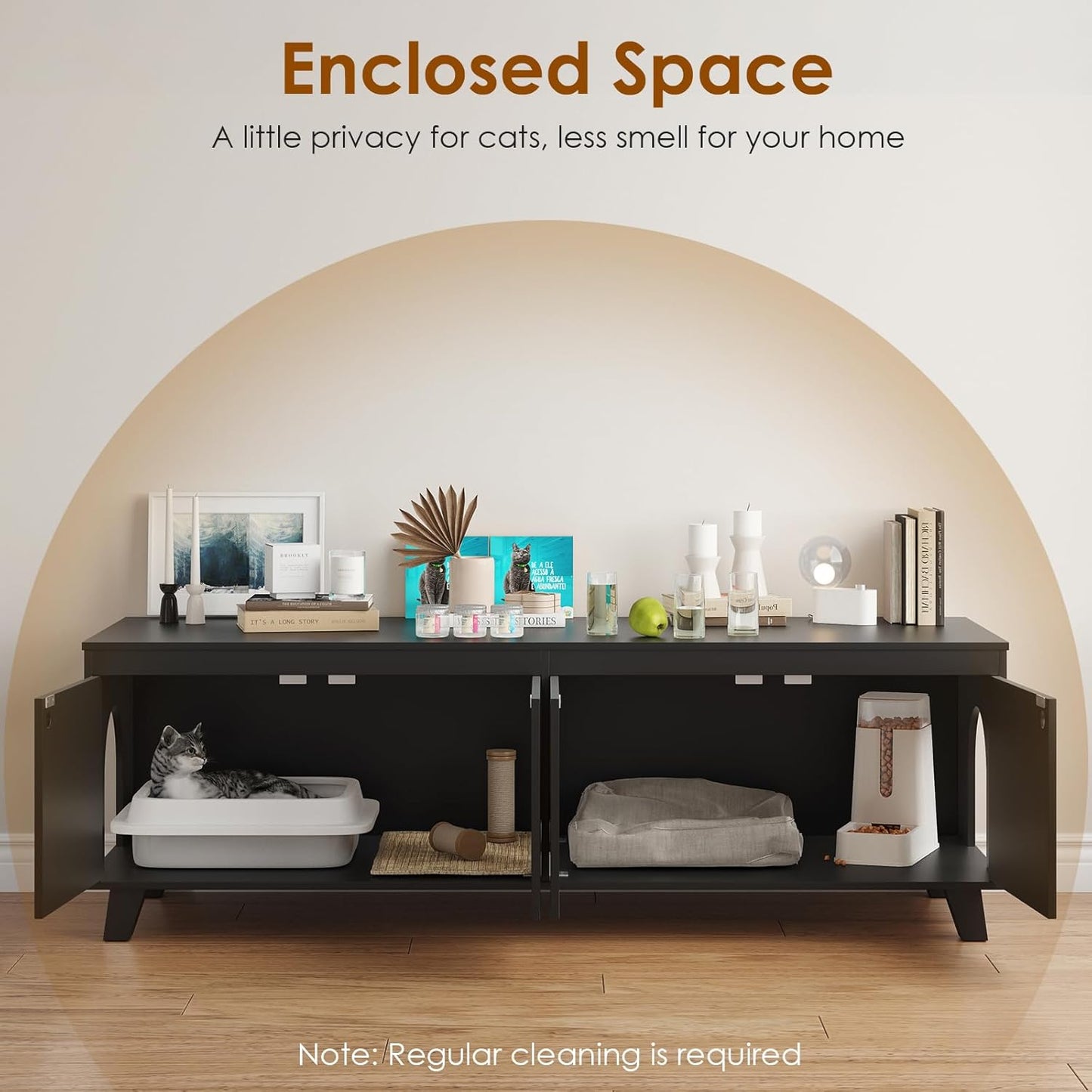 Double Hidden Cat Litter Box Enclosure Furniture Cabinet with Rattan Decorated Doors for Two Cats，Two Entrances