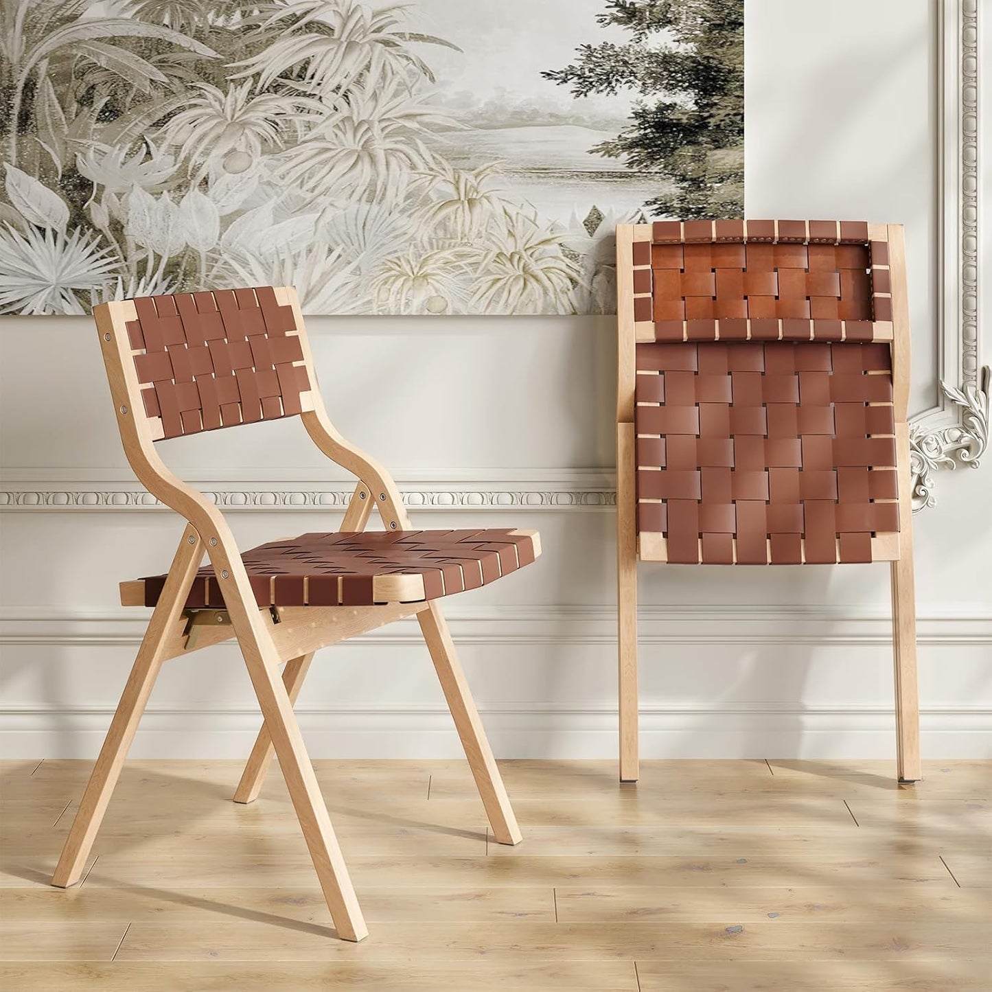 Farini Wood Folding Chairs, Foldable Chairs Wooden Indoor Stackable Dining Chairs for Kitchen & Dining Room Chair Woven Seat & Webbing Back, Dining Chair Set of 2, PU Leather