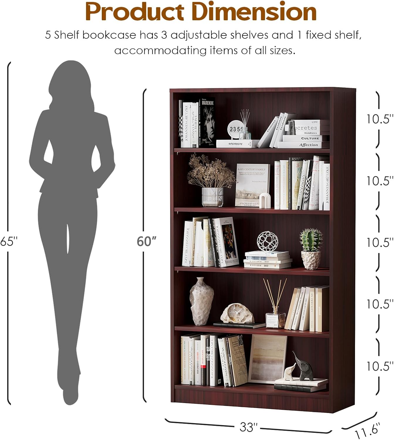 Farini 5 Shelf Bookcase,60 Inch Wood Tall Bookshelves for Living Room