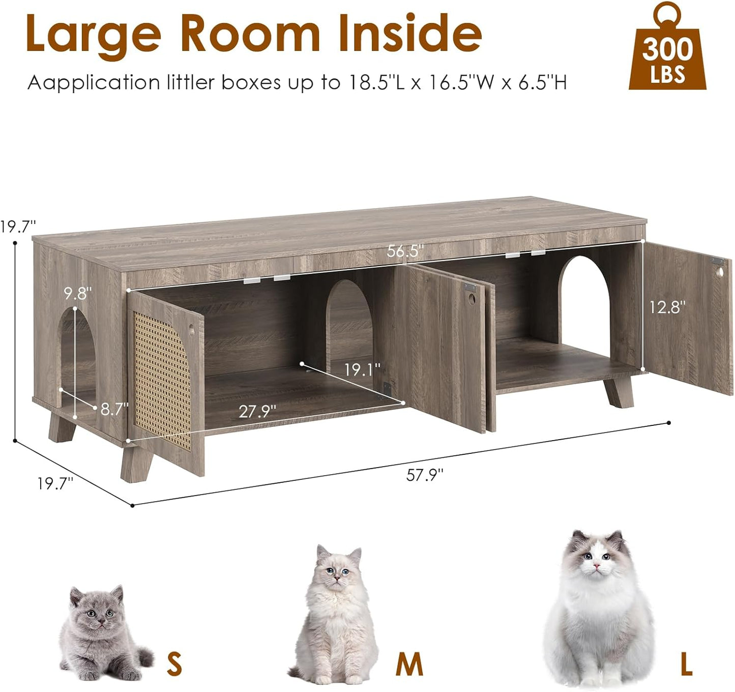 Farini Double Hidden Cat Litter Box Enclosure Furniture Cabinet with Rattan Decorated Doors for Two Cats，Two Entrances