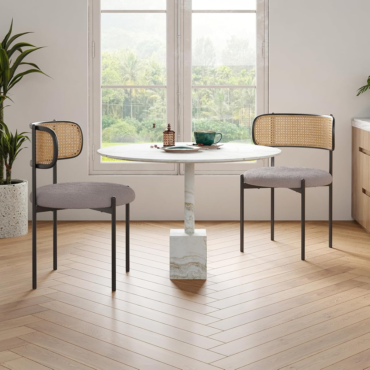 Farini Modern Upholstered Dining Chairs Set of 4,Rattan Back Dining Room Chairs,Accent Kitchen Chairs with Metal Legs,Light Gray