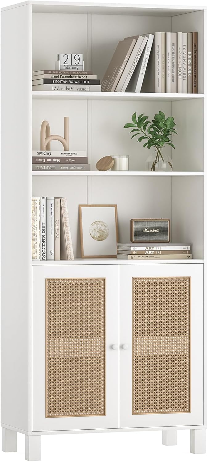 Farini Tall 5 Tier Bookcase, Storage Shelf with Rattan Doors for Living Room, Office, Library