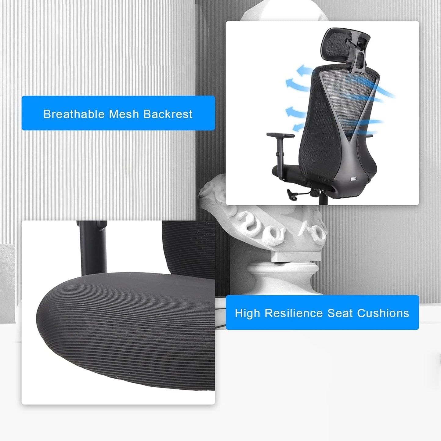 Farini Ergonomic Office Chair with Adjustable Headrest and Armrest, Mesh Swivel Desk Chair with Storage Function for Work, Gaming