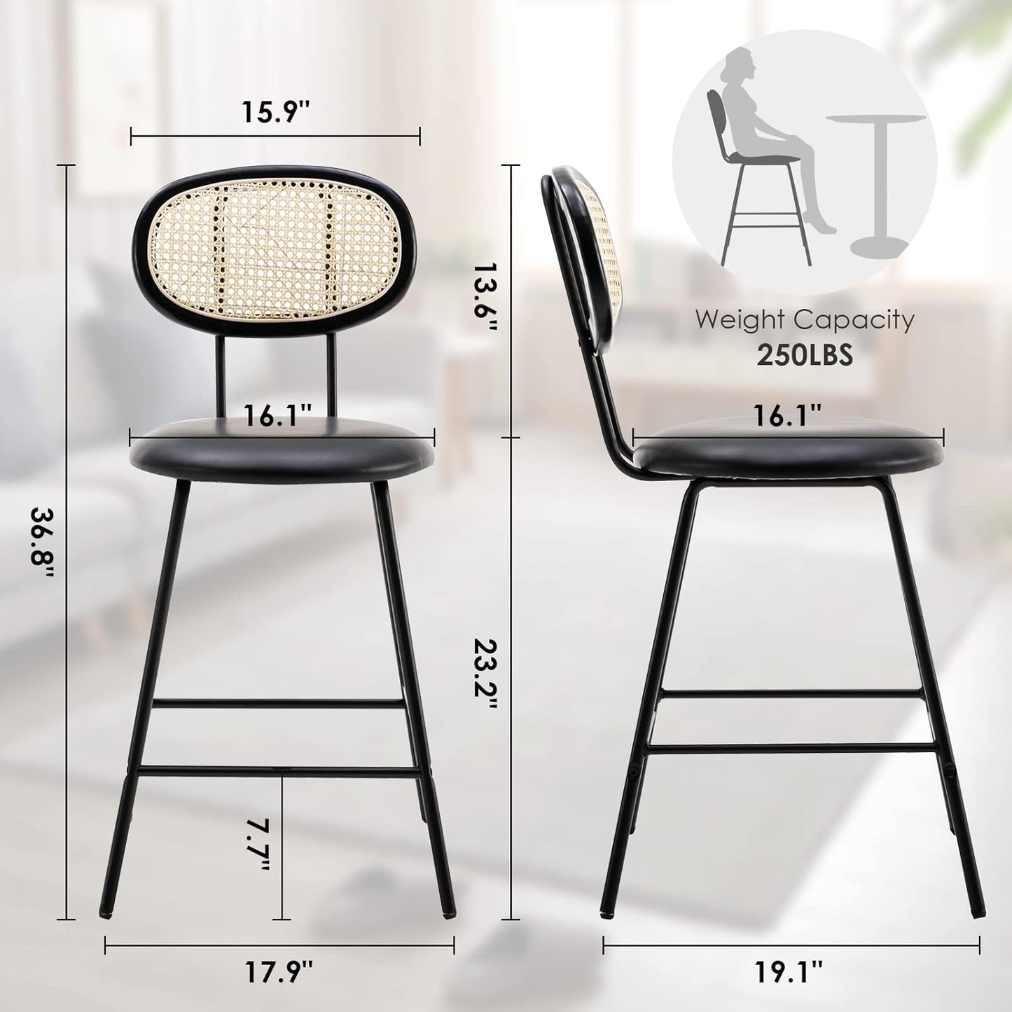 Farini Counter Stools Set of 4, Bar Stools, Indoor Metal Counter Height Barstools for Home, Faux Leather Counter Stool with Rattan Backrest
