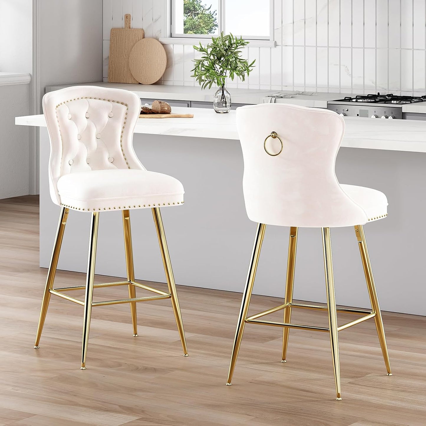 Farini Bar Stools Set of 2, Velvet Counter Height Bar Stools with Metal Legs, Button Tufted and Nailheads Trim, Wing-Back Bar Chairs for Kitchen Island Dining Room Pub