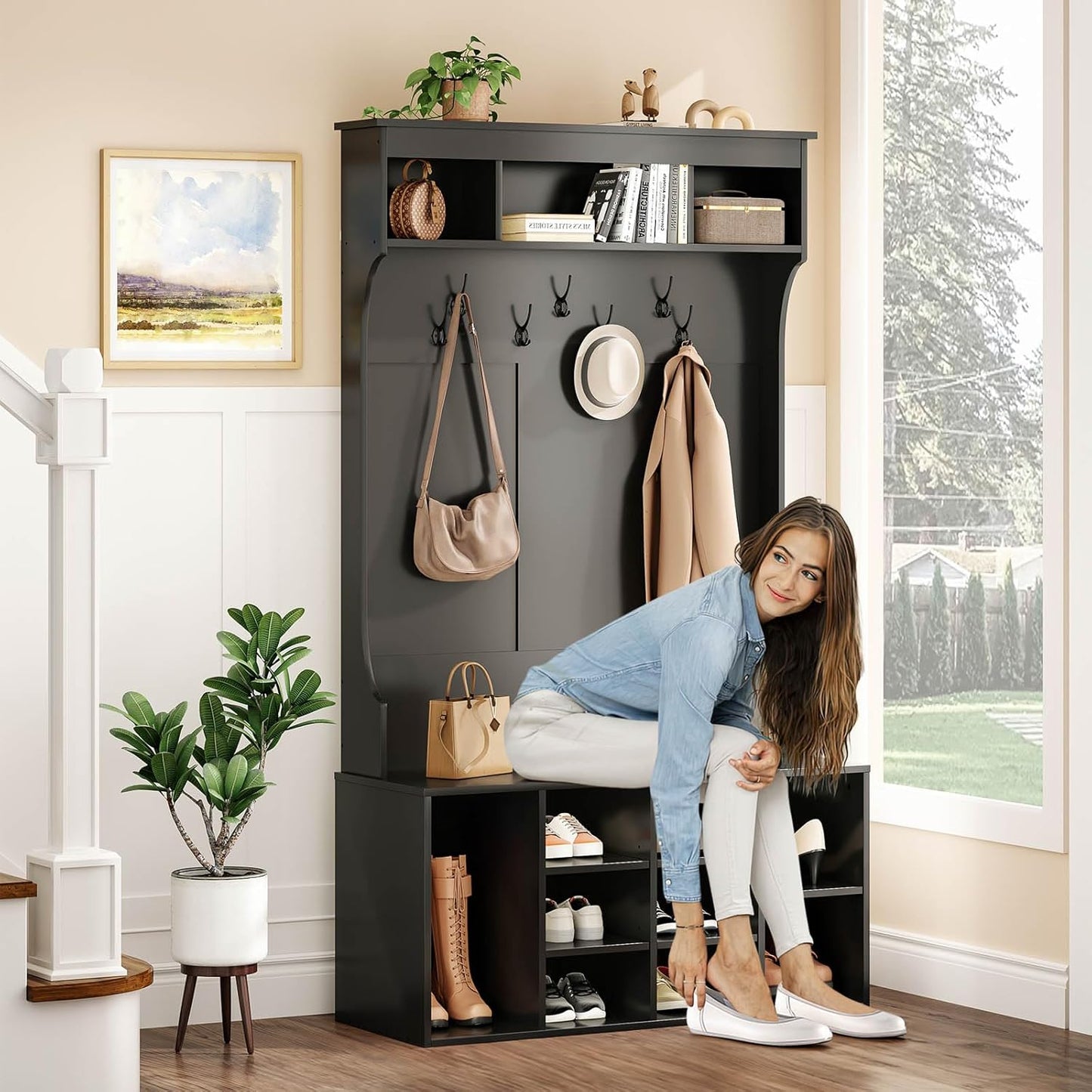 Farini 70.9 Inches Hall Tree With Bench and Shoe Storage for Mud Room, Freestanding Entryway With 7 Coat Racks and Seating, Adjustable Mudroom Storage, Black
