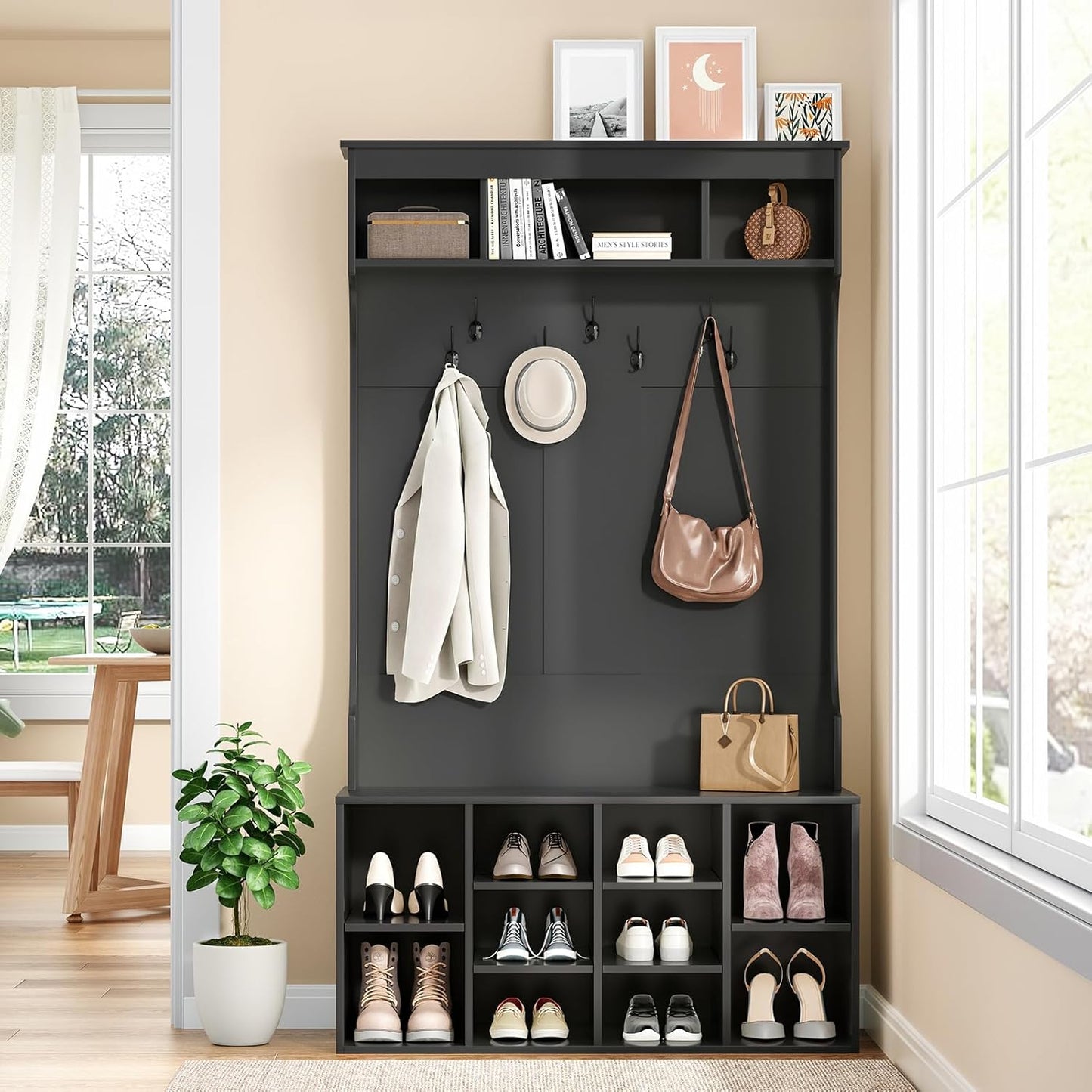 Farini 70.9 Inches Hall Tree With Bench and Shoe Storage for Mud Room, Freestanding Entryway With 7 Coat Racks and Seating, Adjustable Mudroom Storage, Black