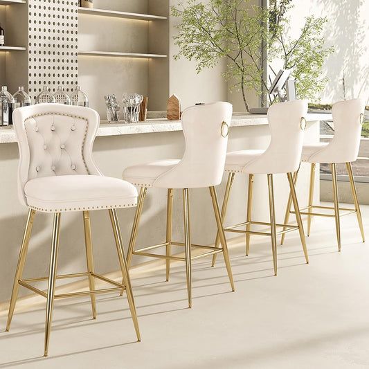 Farini Bar Stools Set of 4, Velvet Counter Height Bar Stools with Metal Legs, Button Tufted and Nailheads Trim, Wing-Back Bar Chairs for Kitchen Island Dining Room Pub