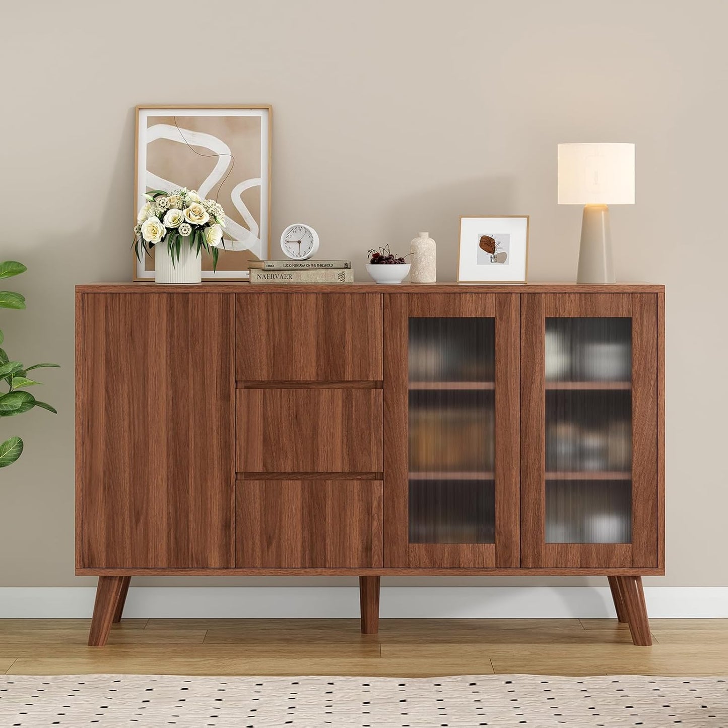Farini Farmhouse Buffet Cabinet, 55.5" Coffee Bar with 3 Drawers and Pop-Up Doors, Large Rustic Sideboard for Dining Room, Kitchen, Hallway, and Living Room