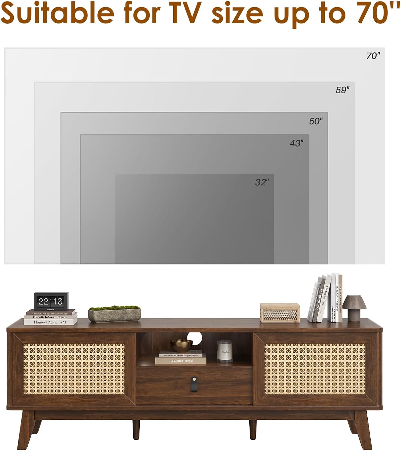 Farini Rattan TV Stand for TVs, Wood TV Stand Mid Century Modern TV Stand TV Media Console with Drawer and 2 Cabinets, Boho Entertainment Center for Living Room