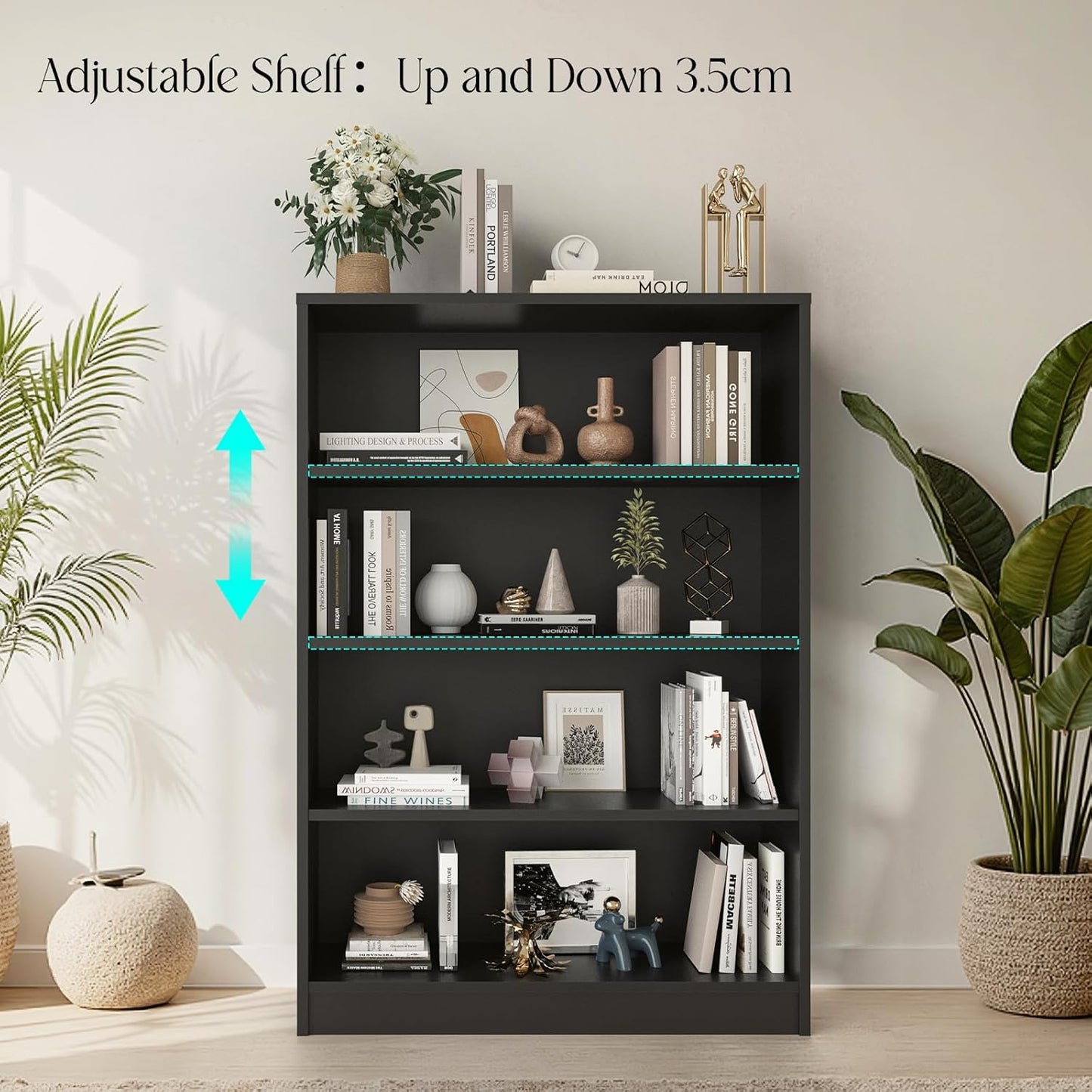 Farini 4 Tiers Bookcase, Wooden Bookcase with Adjustable Shelves for Home, Office