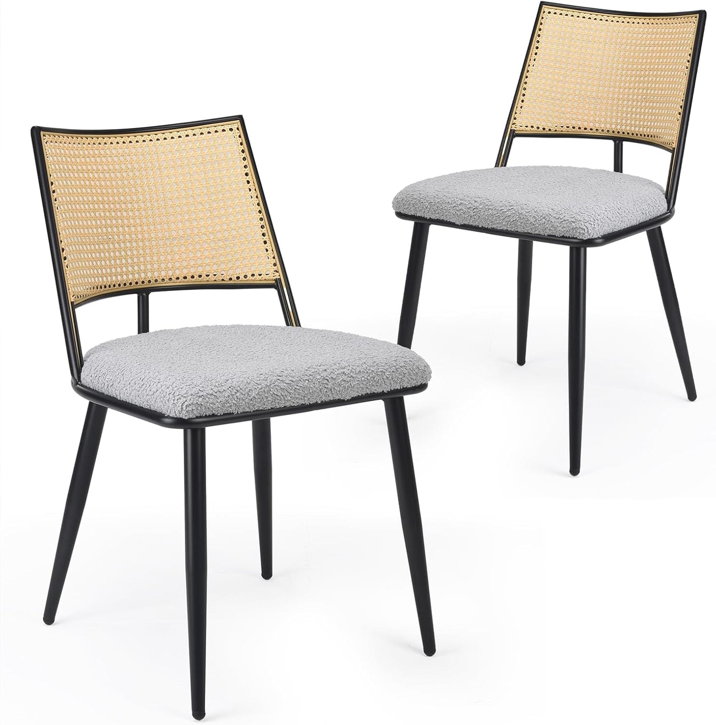 Farini Dining Chairs Set of 2 or 4, Mid-Century Modern Kitchen Chairs with Rattan Backrest & Metal Frame, Boucle Upholstered Accent Chairs for Dining Room, Kitchen, Living Room