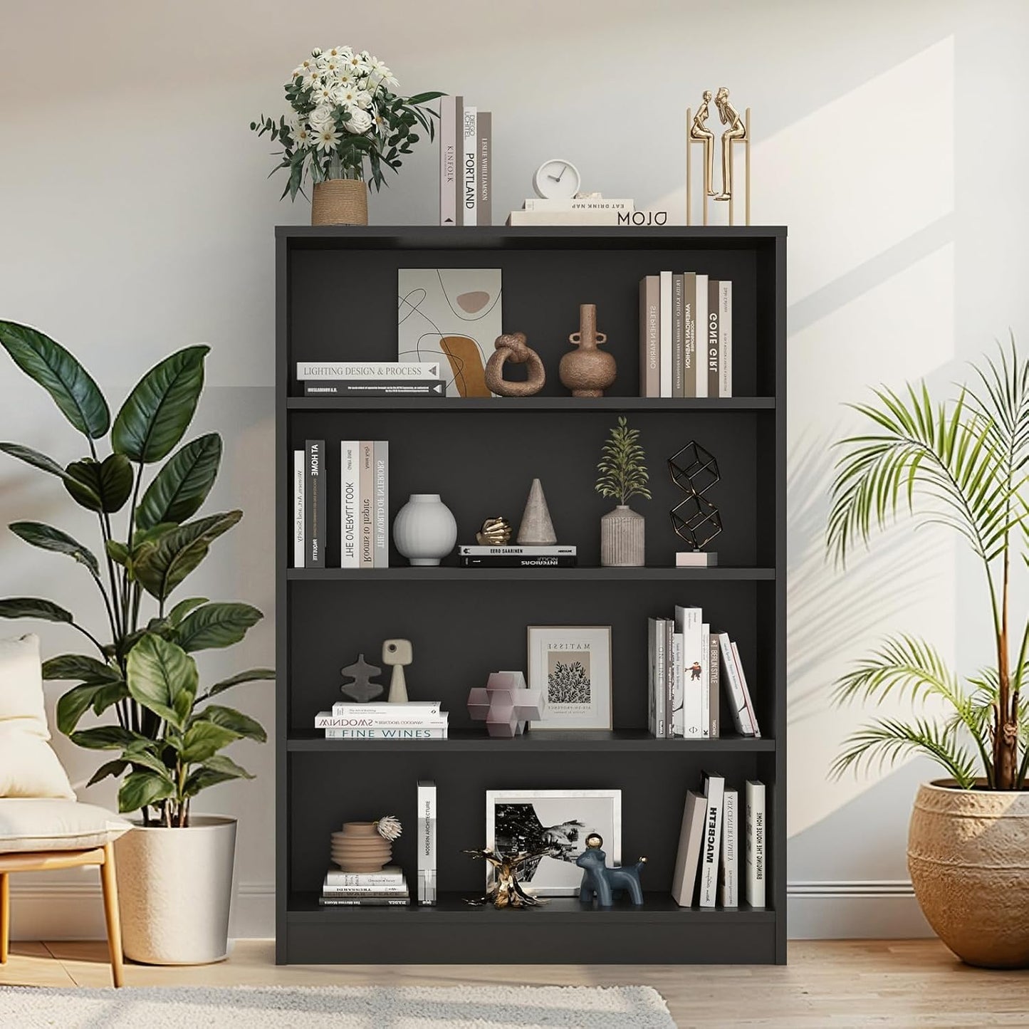 Farini 4 Tiers Bookcase, Wooden Bookcase with Adjustable Shelves for Home, Office