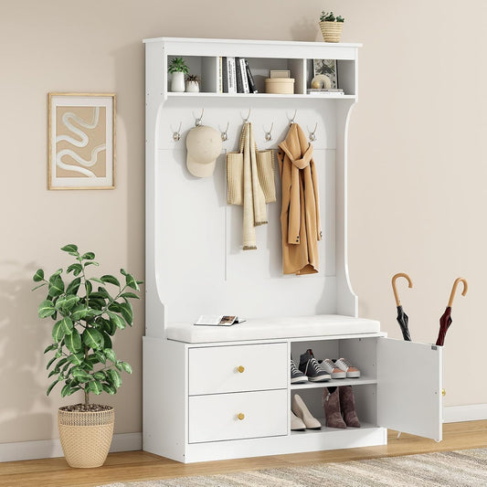 Farini Hall Tree with Bench and Shoe Storage, Mud Room Bench with Storage and Seating, Hall Tree with Shoe Storage with 7 Hooks, 6-in-1 Farmhouse Hall Tree with Bench for Entryway, 70.9", White