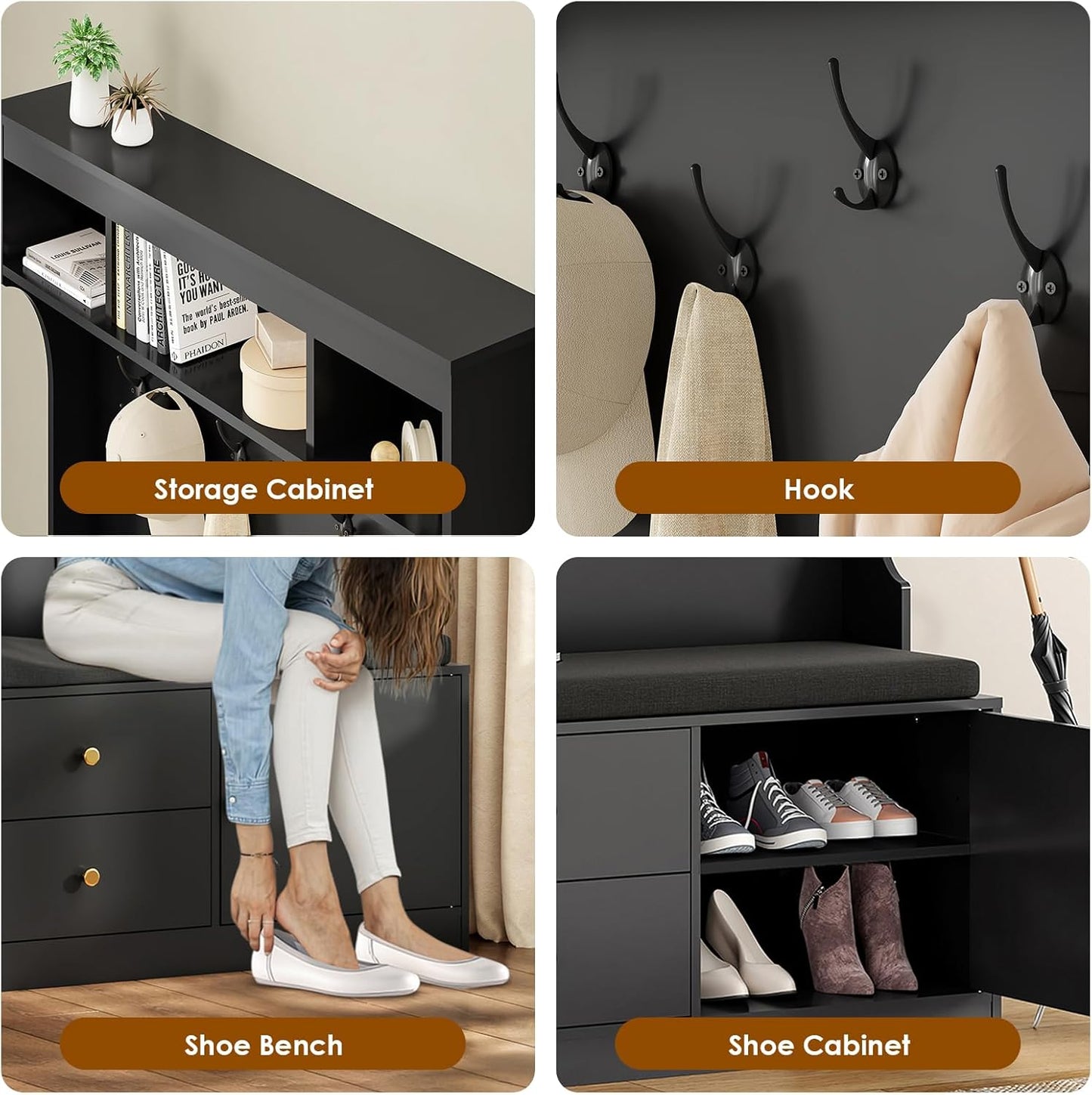 Farini Mud Room Bench with Seating and Shoe Storage, 6-in-1 Farmhouse Hall Tree with 7 Hooks, 70.9" Black