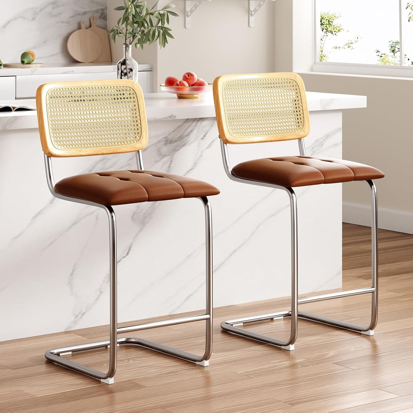 Farini Counter Height Bar Stools Set of 2, Upholstered PU Leather Barstools with Rattan Back, 24 inch Stools Armless Bar Chairs for Kitchen Island