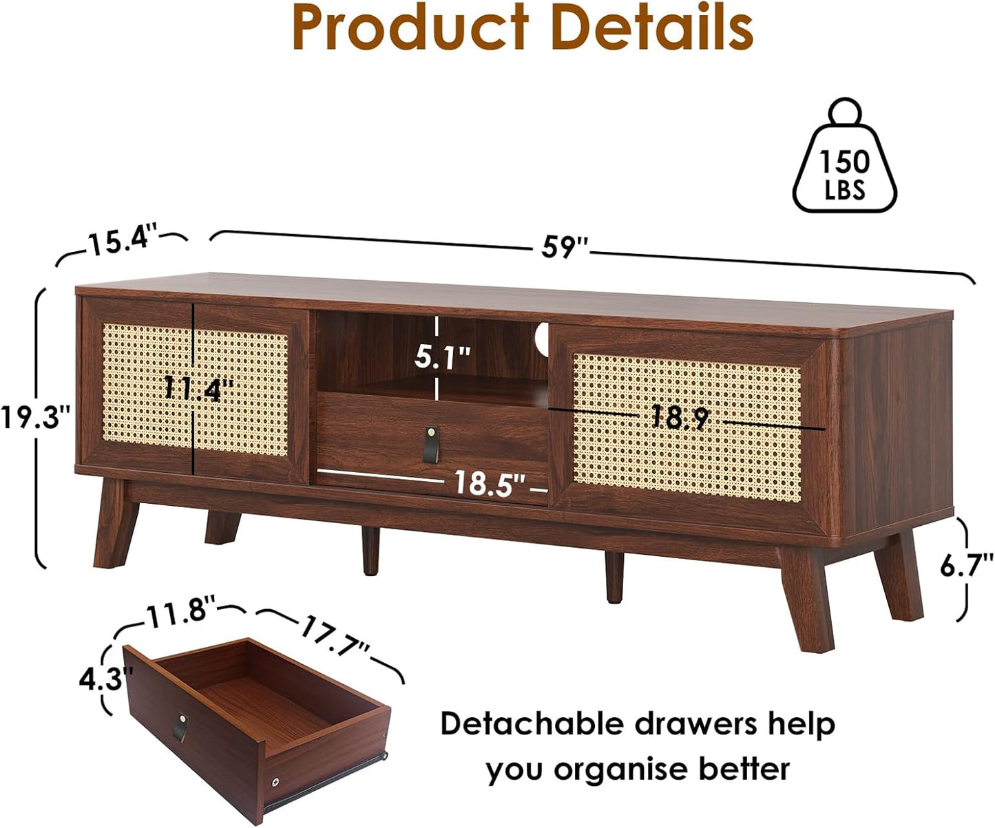 Farini Rattan TV Stand for TVs, Wood TV Stand Mid Century Modern TV Stand TV Media Console with Drawer and 2 Cabinets, Boho Entertainment Center for Living Room