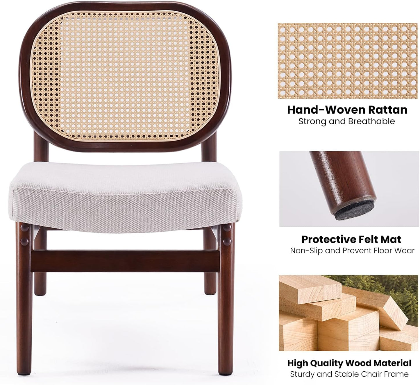 Farini Rattan Accent Chair, Upholstered Living Room Chair with Rattan Back & Wood Frame, Mid-Century Modern Reading Chair for Living Room, Bedroom
