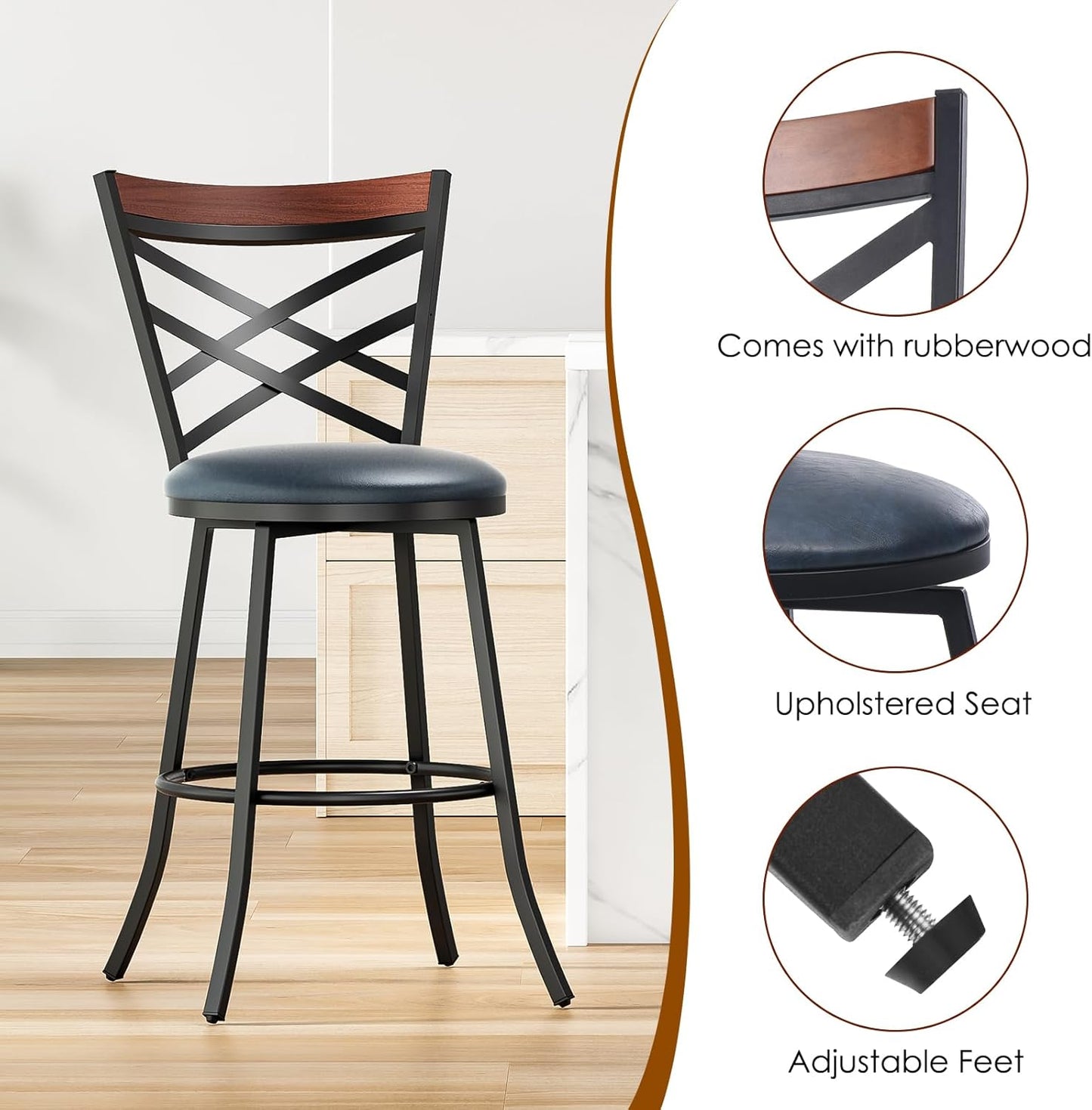 Farini Swivel Bar Stools Set of 2,Mid Century Modern Counter Height Bar Stools,Counter Stools for Kitchen Counter Height Chairs with Back Faux Leather Barstools for Kitchen Island Bar Stools,350lb