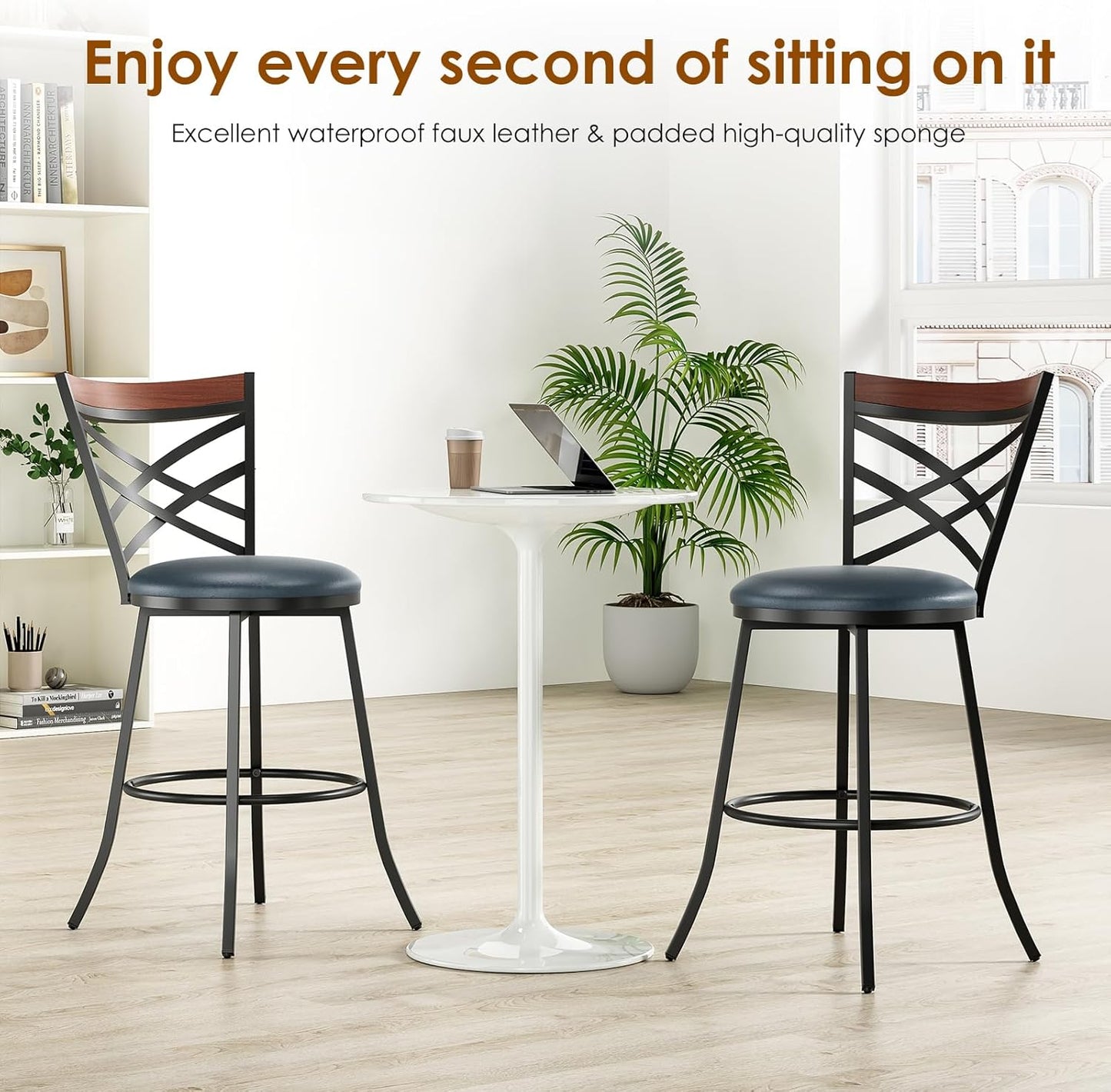 Farini Swivel Bar Stools Set of 2,Mid Century Modern Counter Height Bar Stools,Counter Stools for Kitchen Counter Height Chairs with Back Faux Leather Barstools for Kitchen Island Bar Stools,350lb