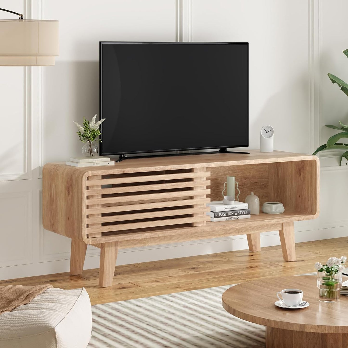 Farini TV Stand for TV Up to 59 Inch, Entertainment Center with Storage Cabinet and Sliding Door, Mid-Modern Century Console Table for Living Room, Bedroom, Nature, 46 Inch