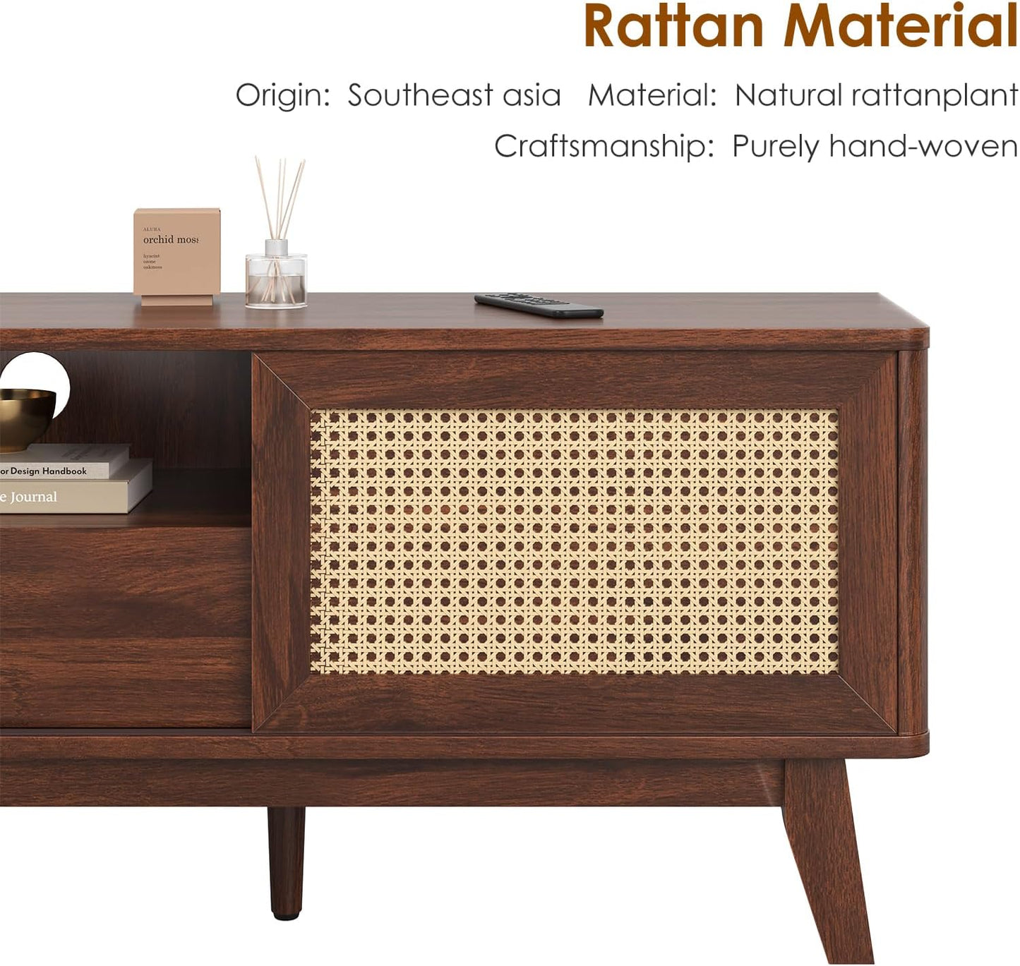 Farini Rattan TV Stand for TVs, Wood TV Stand Mid Century Modern TV Stand TV Media Console with Drawer and 2 Cabinets, Boho Entertainment Center for Living Room