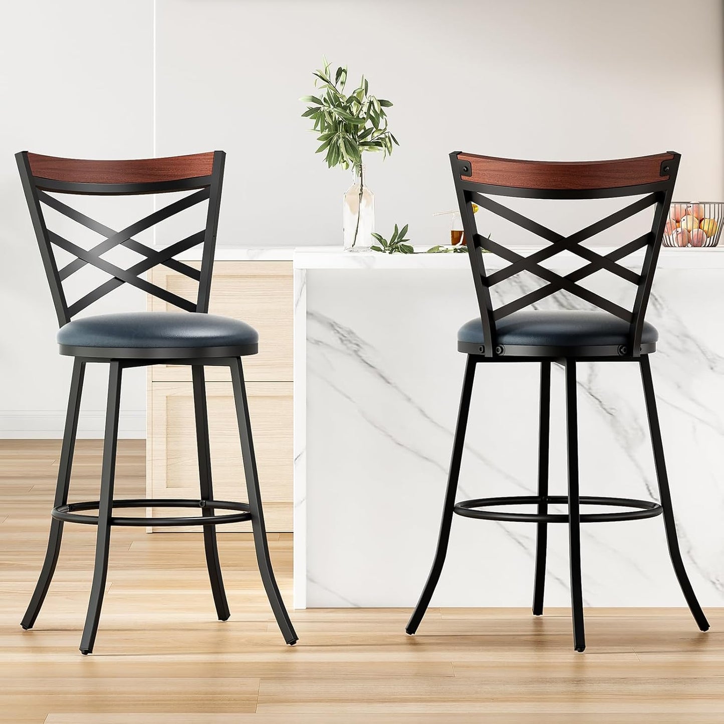 Farini Swivel Bar Stools Set of 2,Mid Century Modern Counter Height Bar Stools,Counter Stools for Kitchen Counter Height Chairs with Back Faux Leather Barstools for Kitchen Island Bar Stools,350lb
