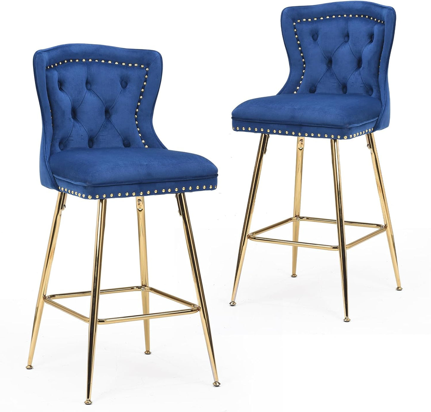 Farini Bar Stools Set of 2, Velvet Counter Height Bar Stools with Metal Legs, Button Tufted and Nailheads Trim, Wing-Back Bar Chairs for Kitchen Island Dining Room Pub