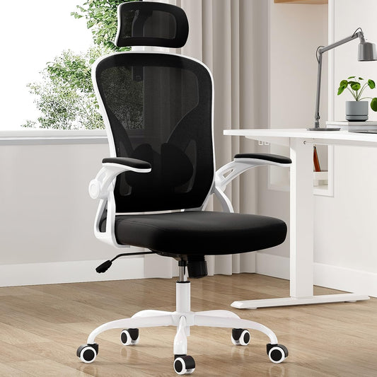 Farini Ergonomischer Stuhl mit Armlehne Büro Schreibtischstuhl mit Rollen Bequemer Home Office Stuhl, Schwarz Weiß