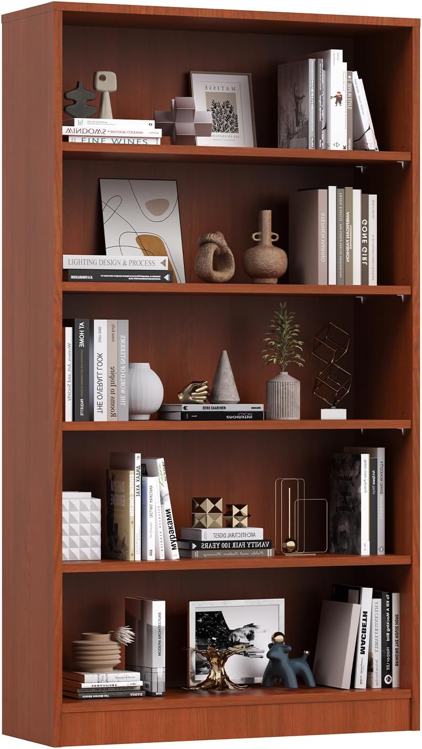 Farini 5 Tiers Bookcase, Wooden Bookcase with Adjustable Shelves for Home, Office