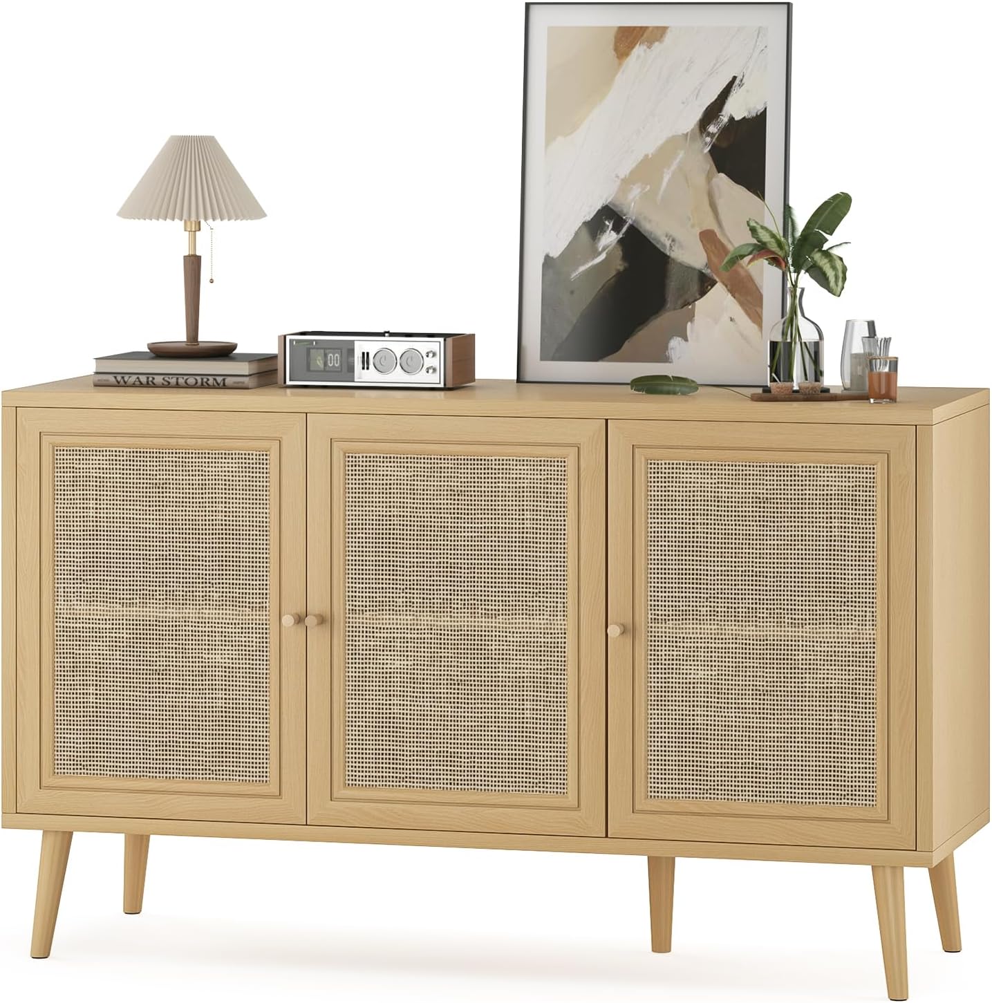 Farini Modern Sideboard Buffet, 3-Door Rattan Storage Cabinet for Kitchen, Living Room & Entryway