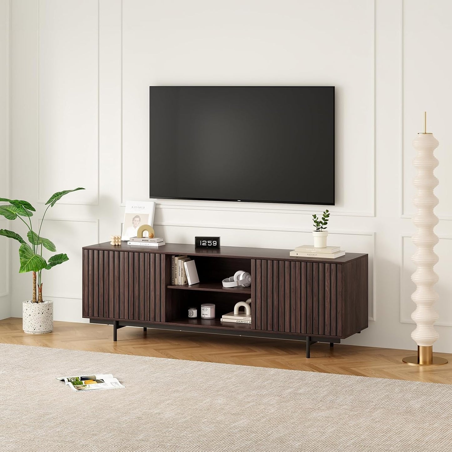 Farini Mid Century Modern TV Stand for TVs Up to 75", Farmhouse Fluted TV Stand, Retro Wood TV Stand with Storage and Shelf, Entertainment Center with Pop-Up Doors for Living Room, Bedroom, Walnut