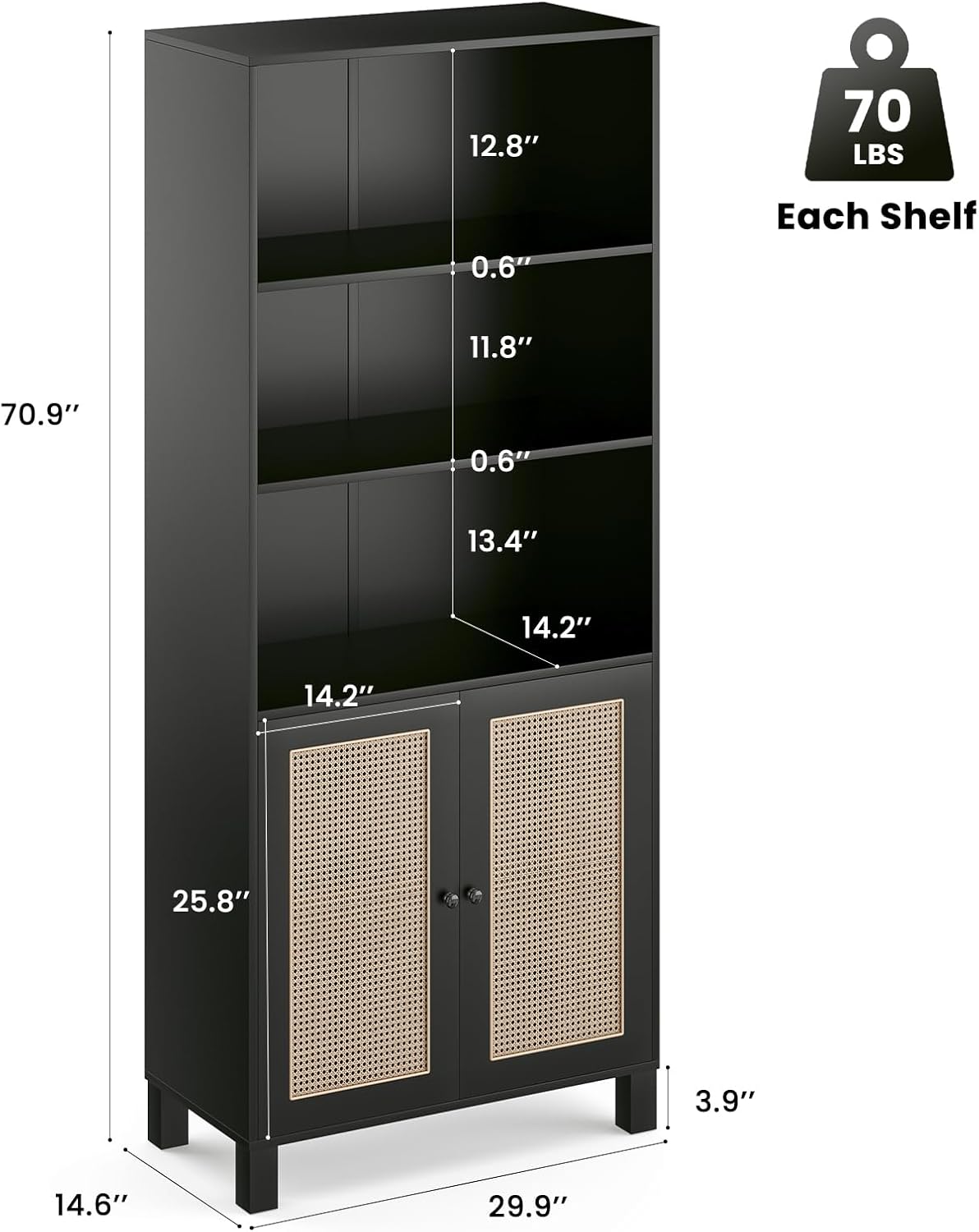 Farini Tall 5 Tier Bookcase, Storage Shelf with Rattan Doors for Living Room, Office, Library