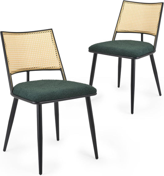Farini Dining Chairs Set of 2 or 4, Mid-Century Modern Kitchen Chairs with Rattan Backrest & Metal Frame, Boucle Upholstered Accent Chairs for Dining Room, Kitchen, Living Room