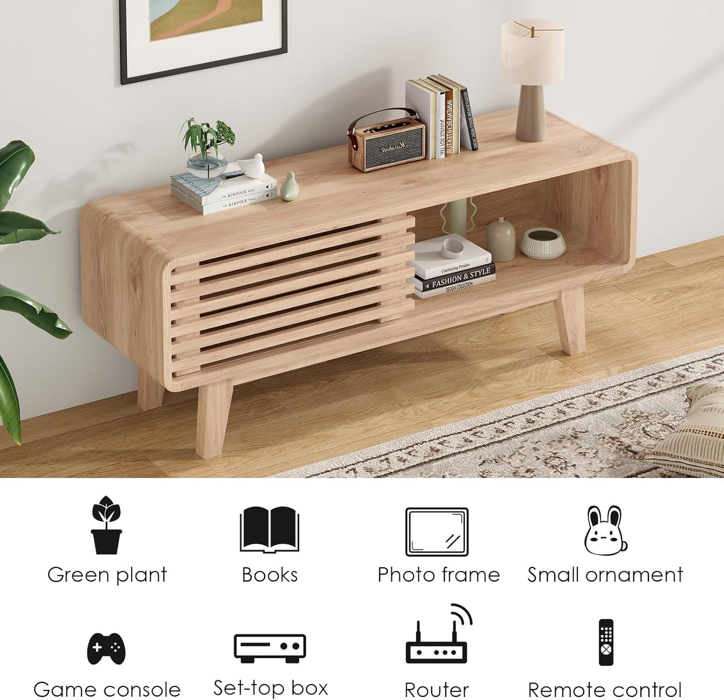 Farini TV Stand for TV Up to 59 Inch, Entertainment Center with Storage Cabinet and Sliding Door, Mid-Modern Century Console Table for Living Room, Bedroom, Nature, 46 Inch